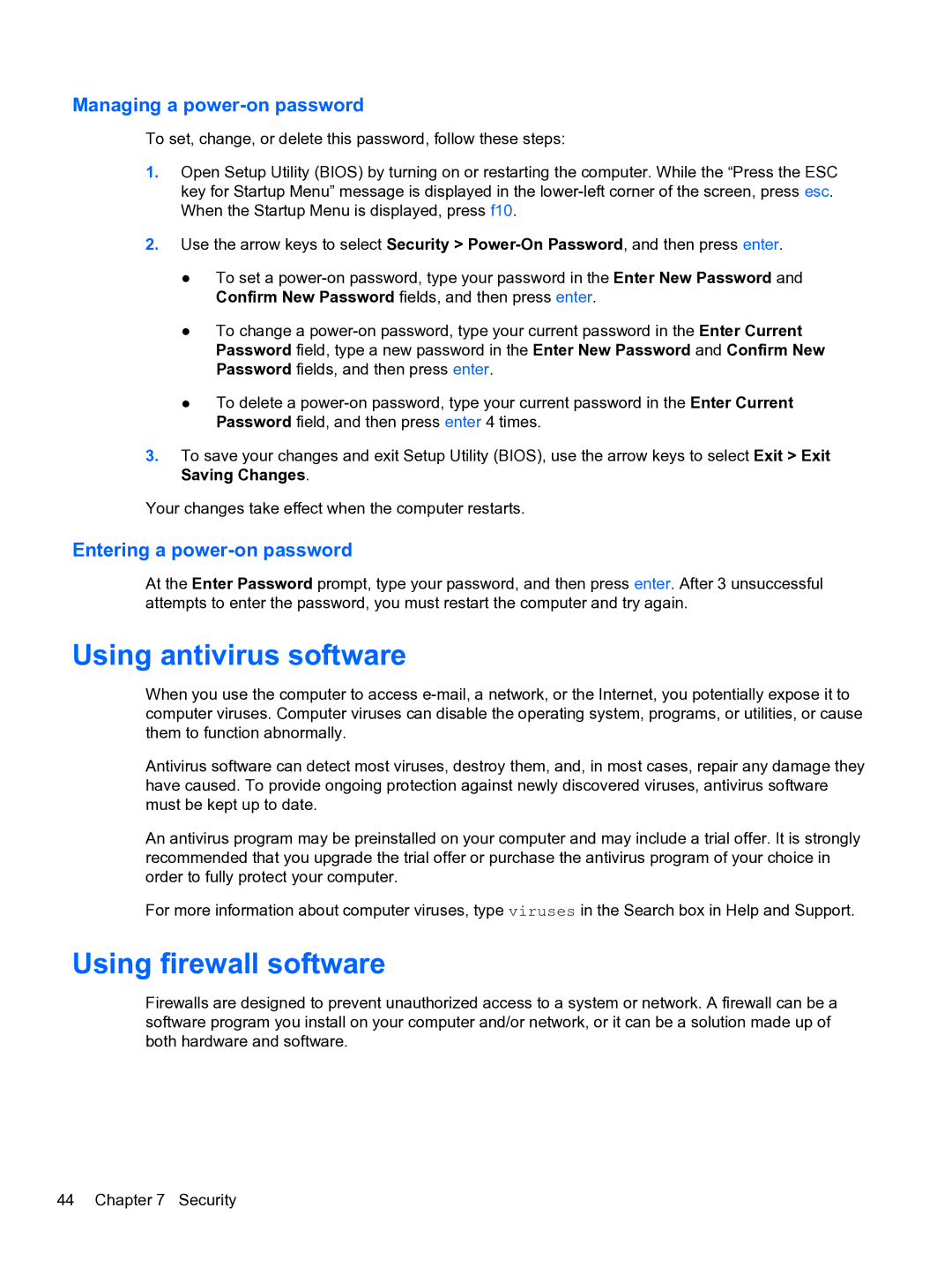 HP 14-3010nr Using antivirus software, Using firewall software, Managing a power-on password, Entering a power-on password 