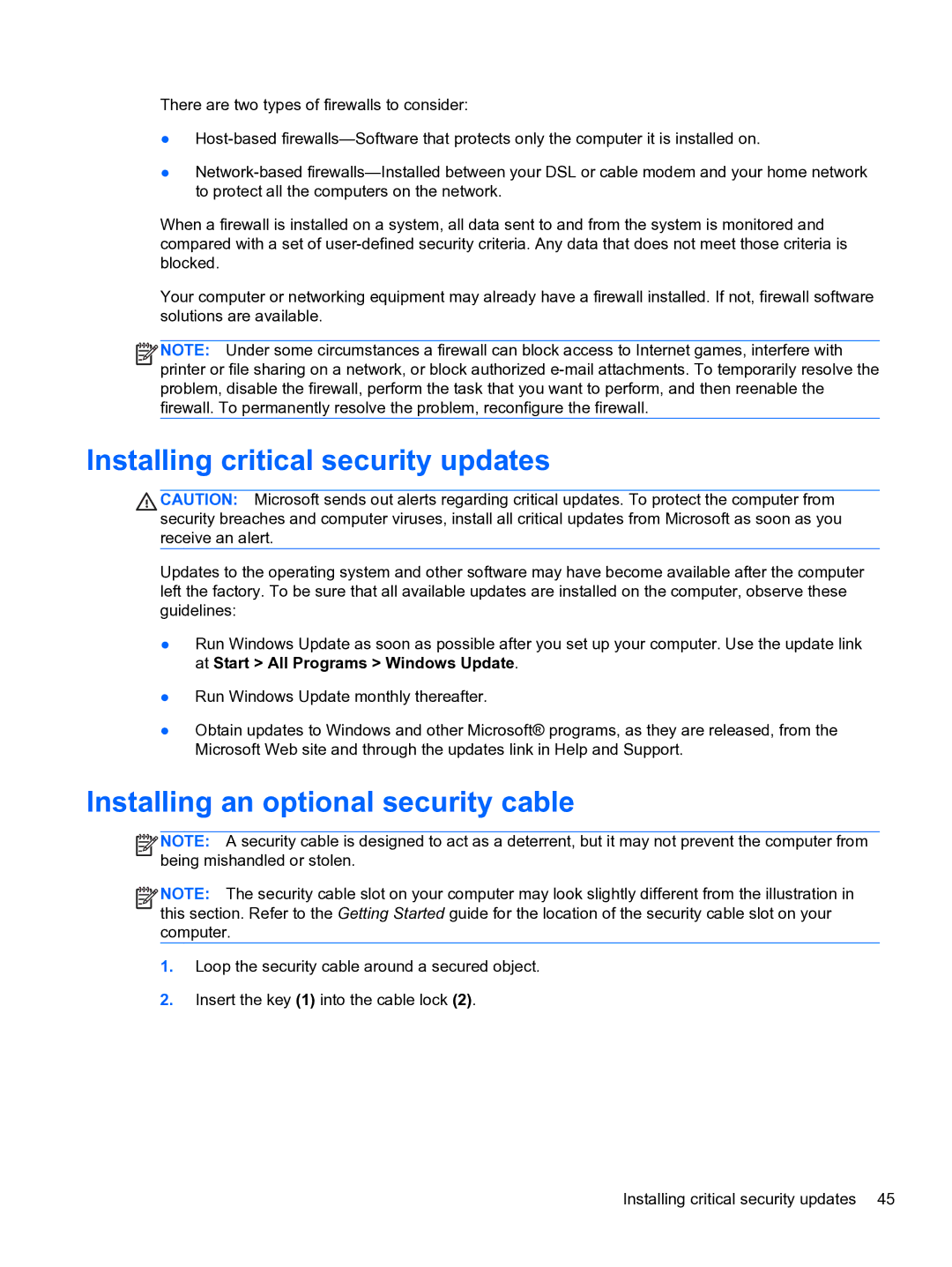 HP 14-3010nr manual Installing critical security updates, Installing an optional security cable 