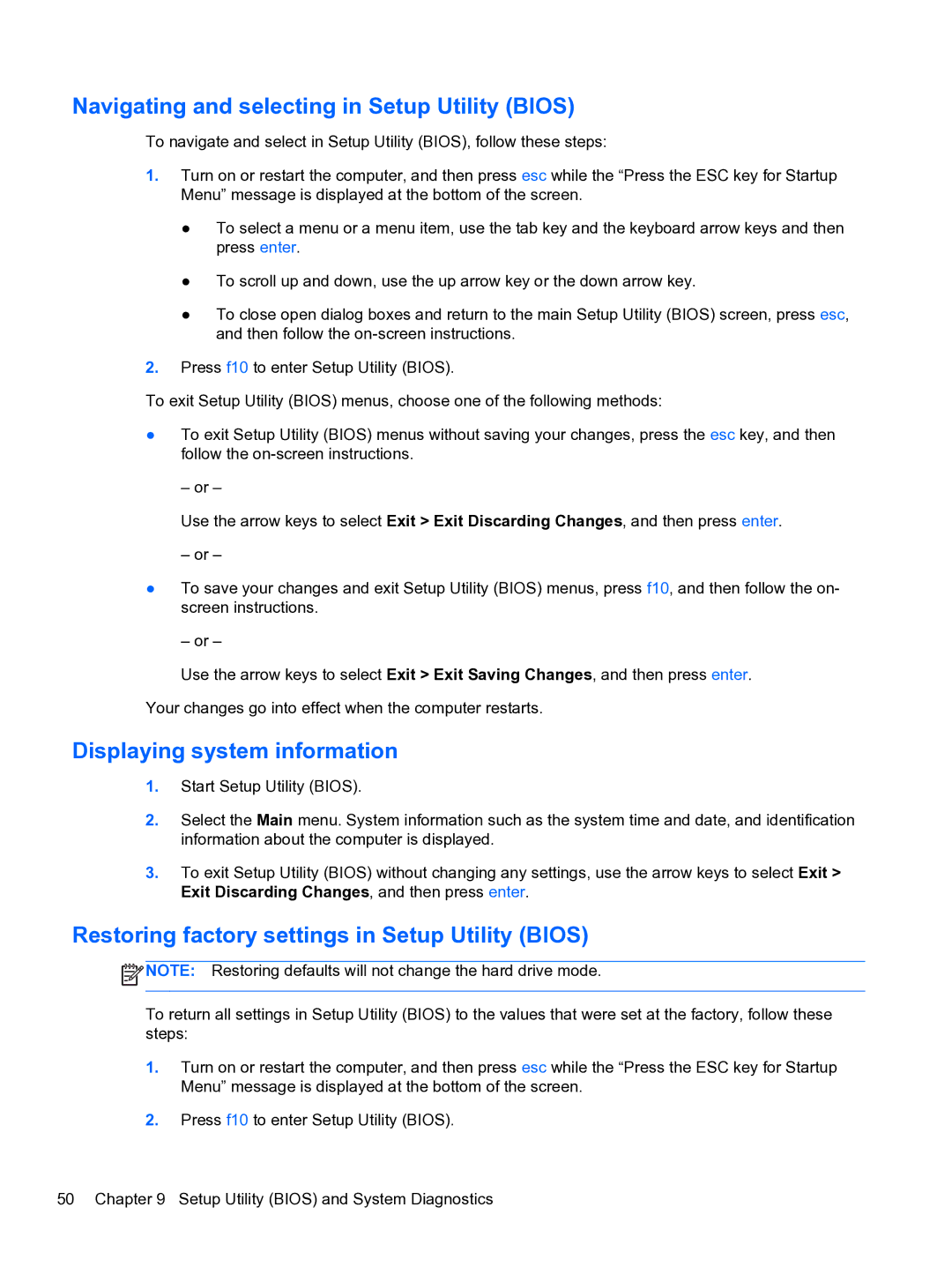 HP 14-3010nr manual Navigating and selecting in Setup Utility Bios, Displaying system information 