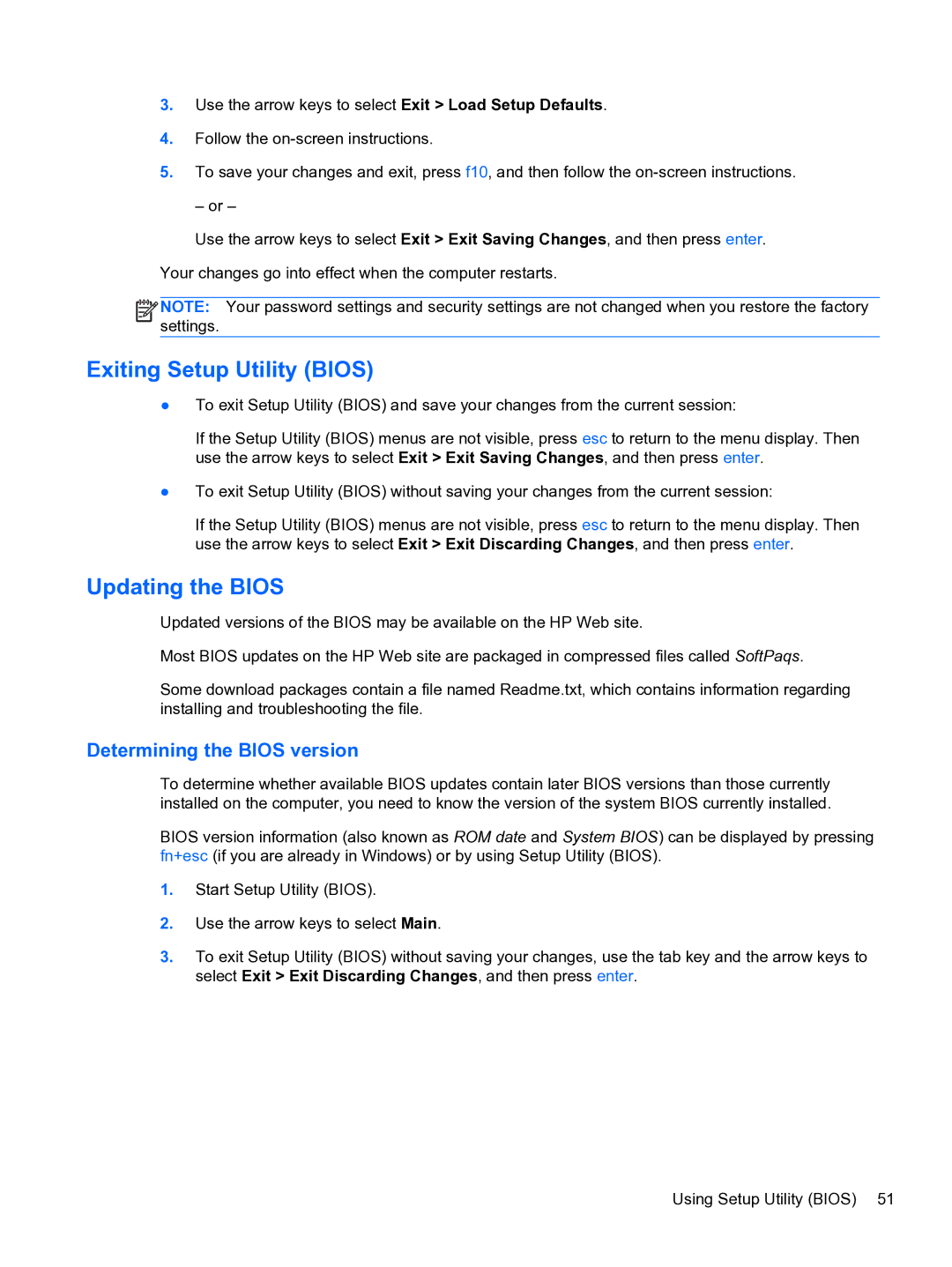 HP 14-3010nr manual Exiting Setup Utility Bios, Updating the Bios, Determining the Bios version 