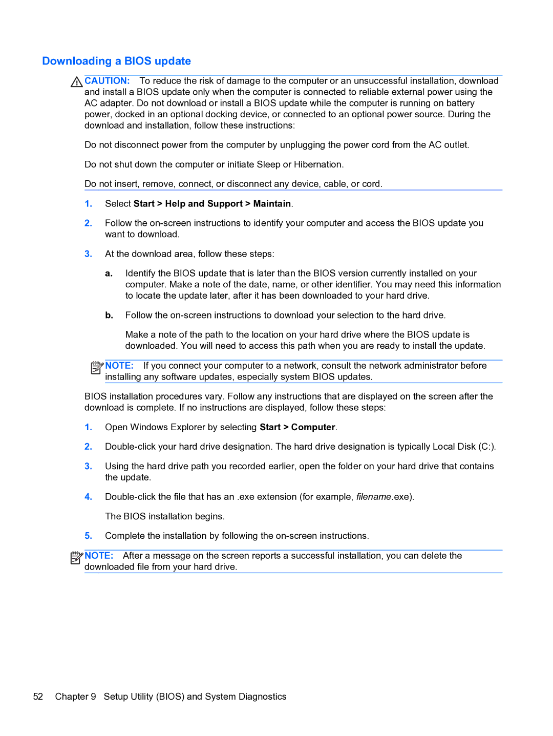 HP 14-3010nr manual Downloading a Bios update, Select Start Help and Support Maintain 