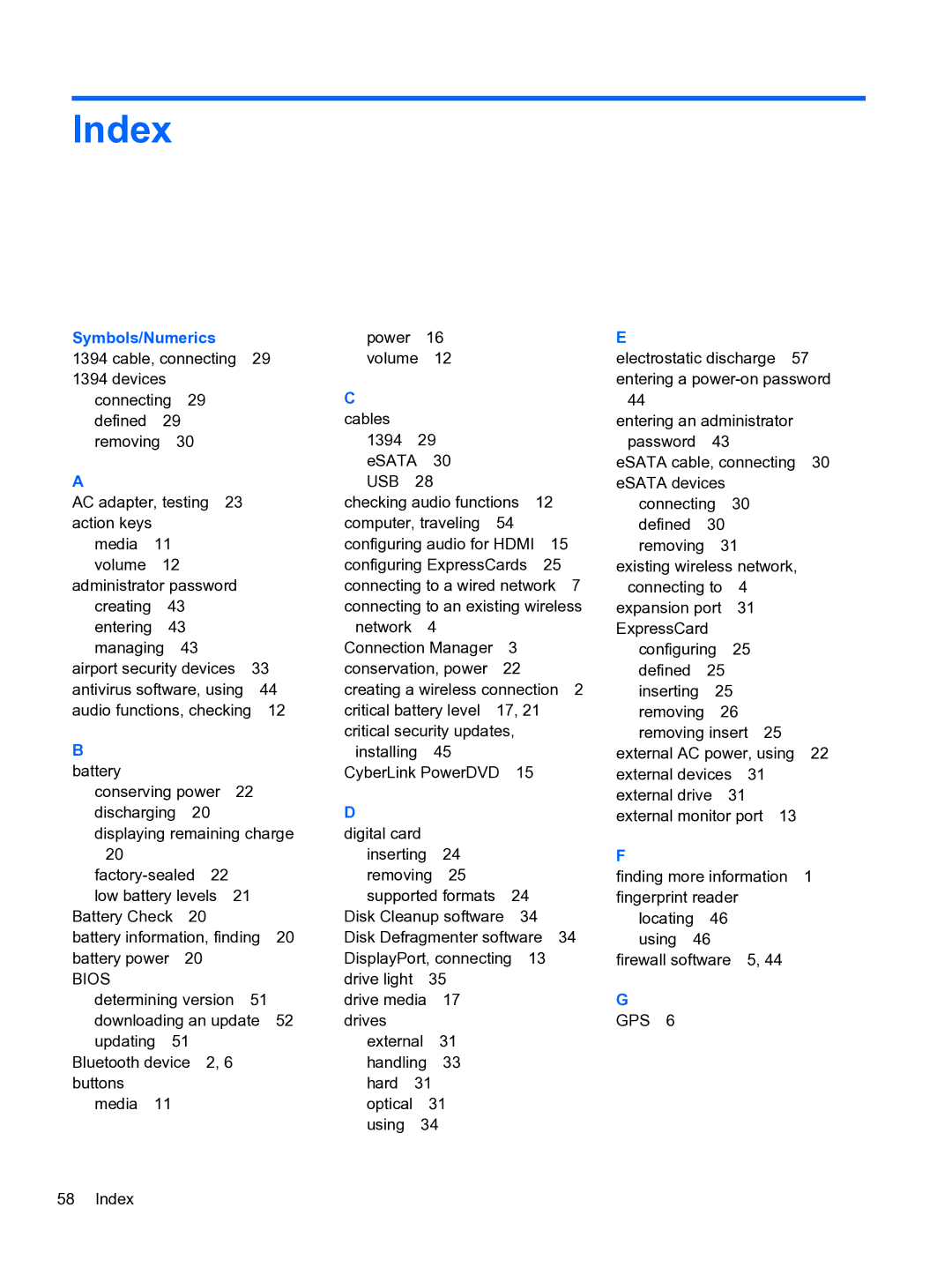 HP 14-3010nr manual Index, Symbols/Numerics 