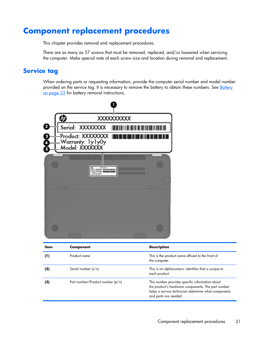 HP 14-3210nr manual Component replacement procedures, Service tag 