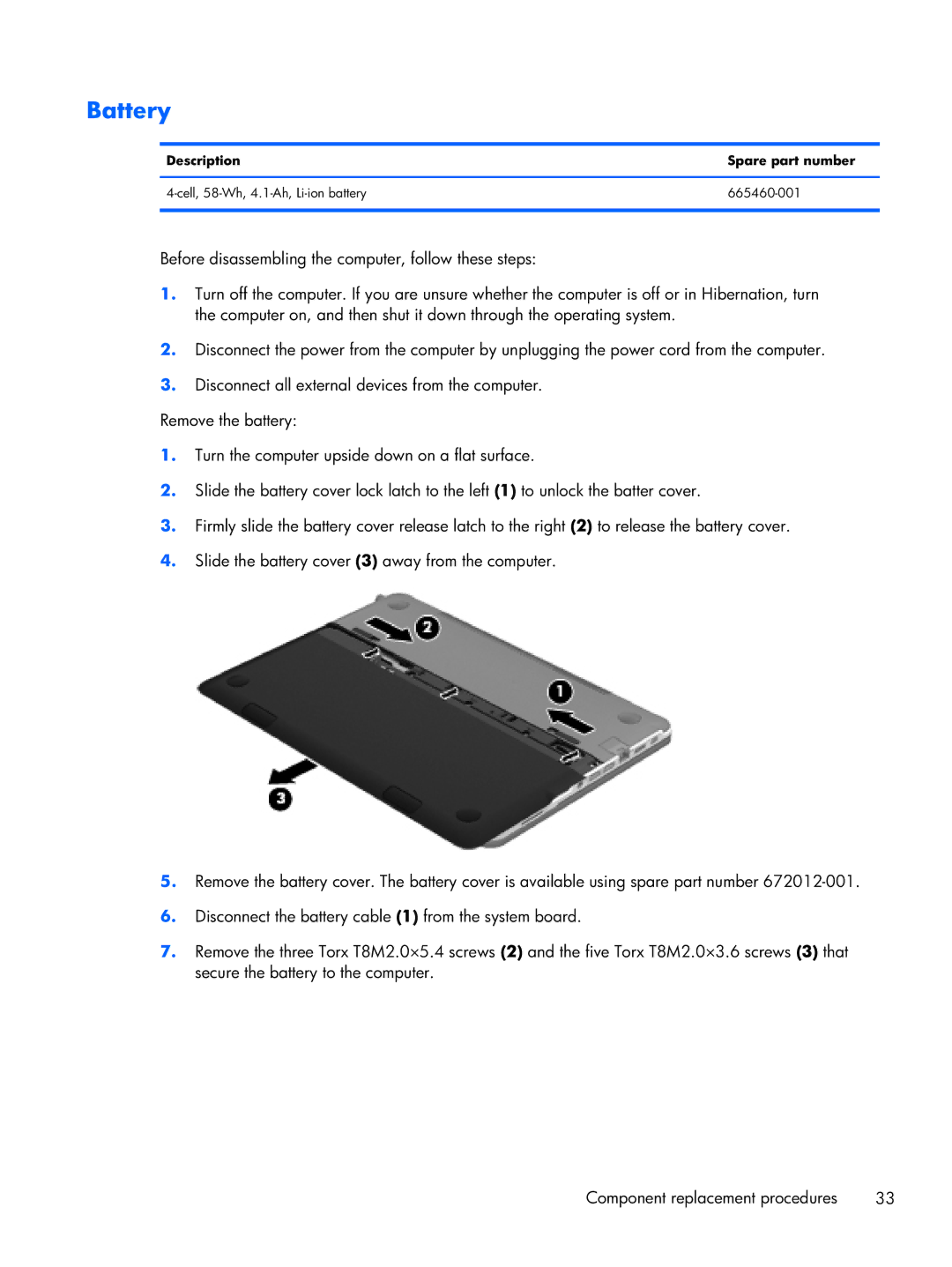 HP 14-3210nr manual Battery, Description Spare part number 