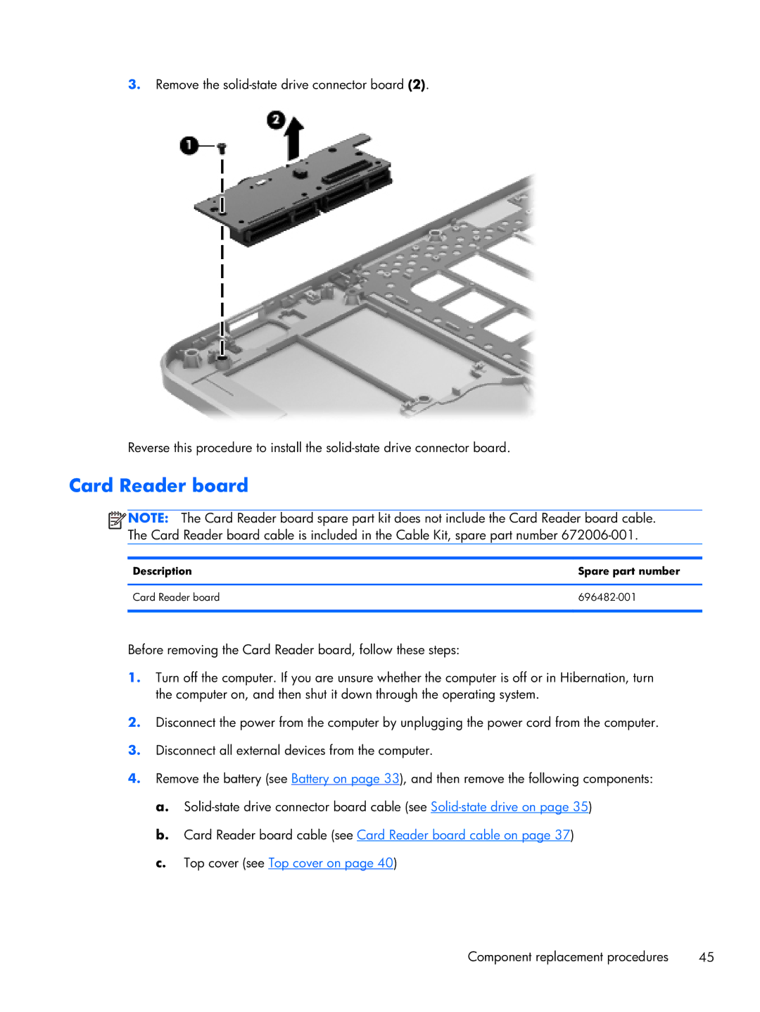 HP 14-3210nr manual Description Spare part number Card Reader board 696482-001 