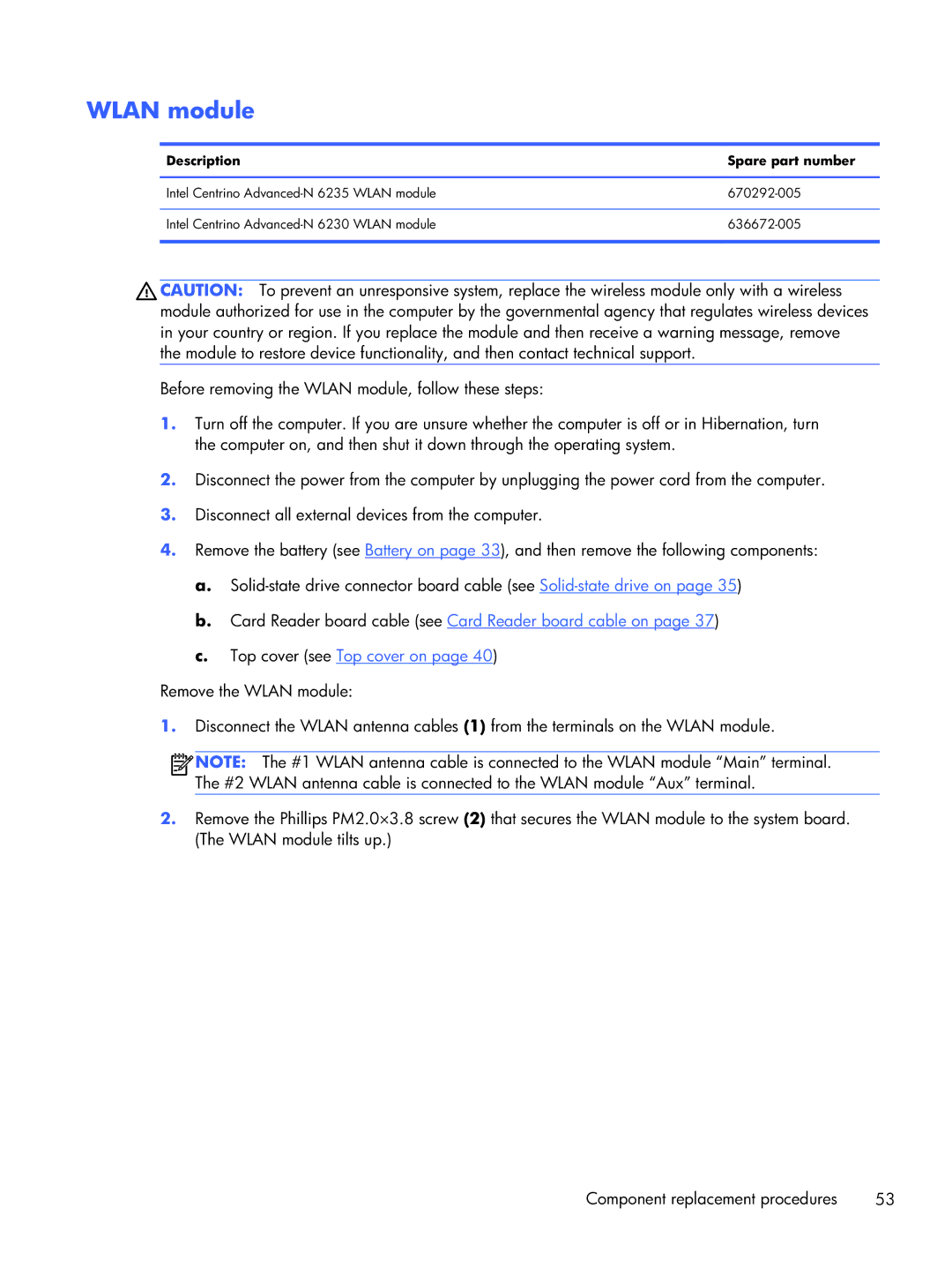HP 14-3210nr manual Wlan module, Description Spare part number 