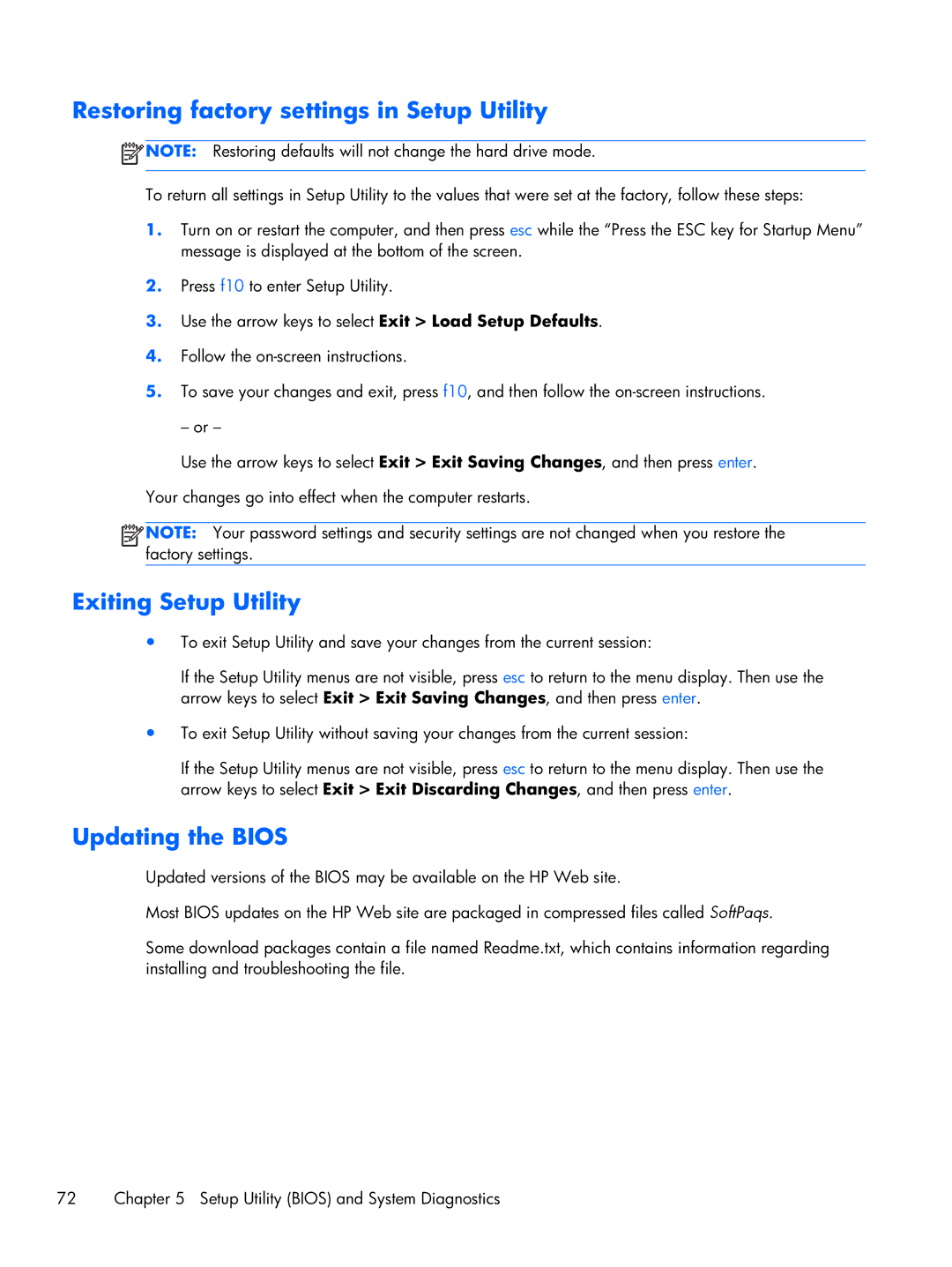 HP 14-3210nr manual Restoring factory settings in Setup Utility, Exiting Setup Utility, Updating the Bios 