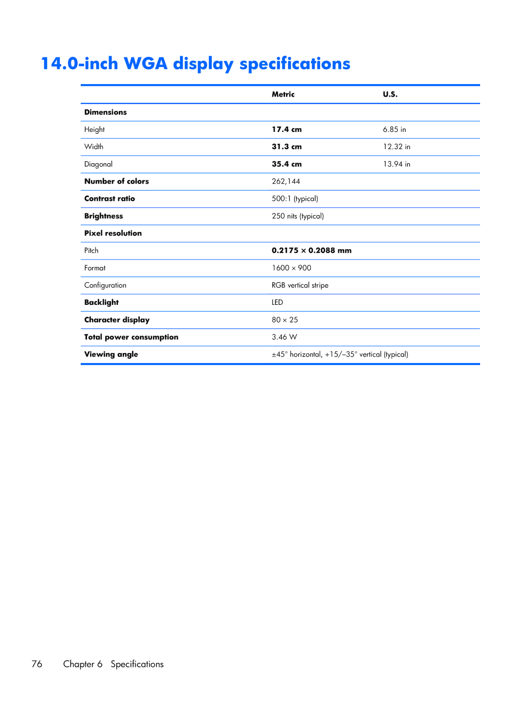 HP 14-3210nr manual Inch WGA display specifications 