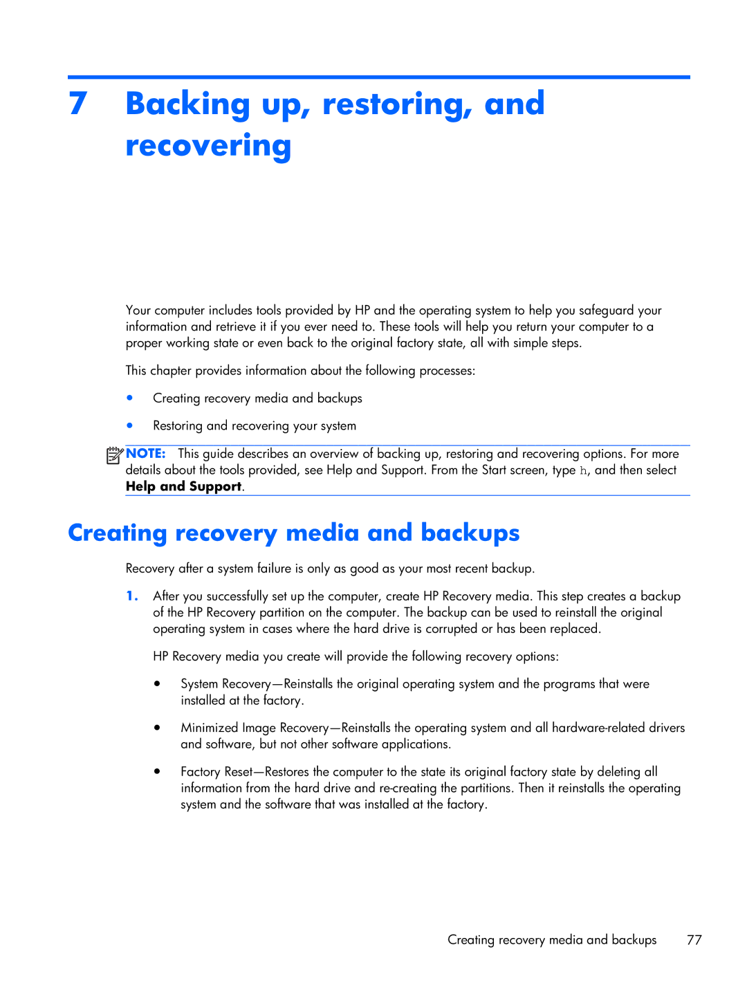 HP 14-3210nr manual Backing up, restoring, and recovering, Creating recovery media and backups 