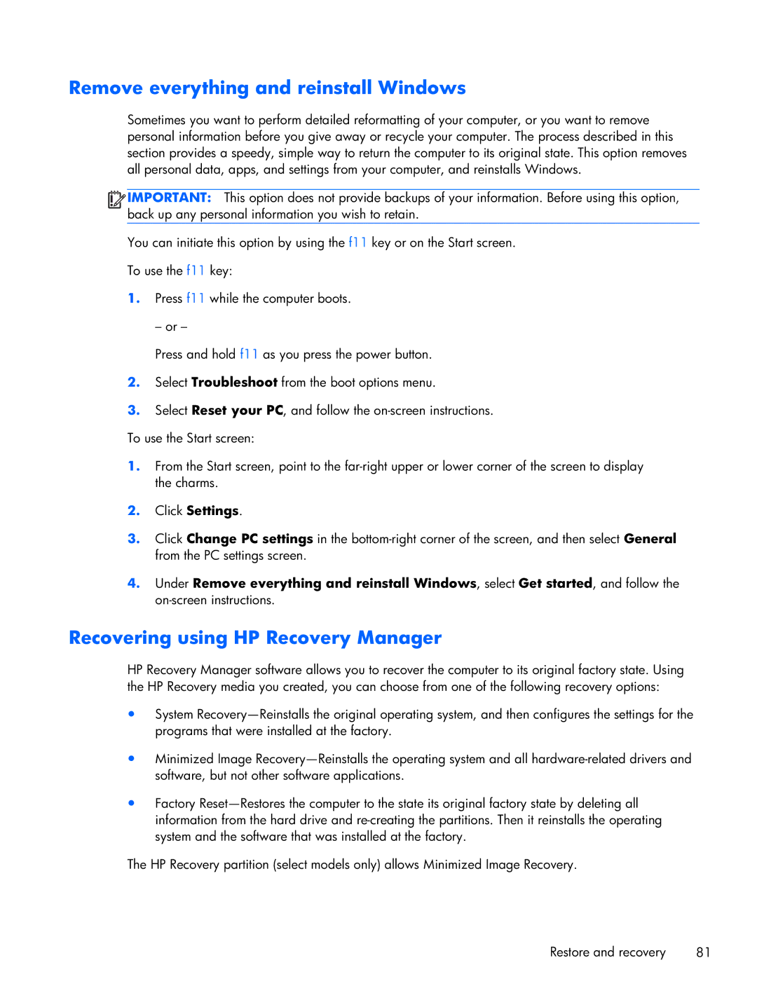 HP 14-3210nr manual Remove everything and reinstall Windows, Recovering using HP Recovery Manager 