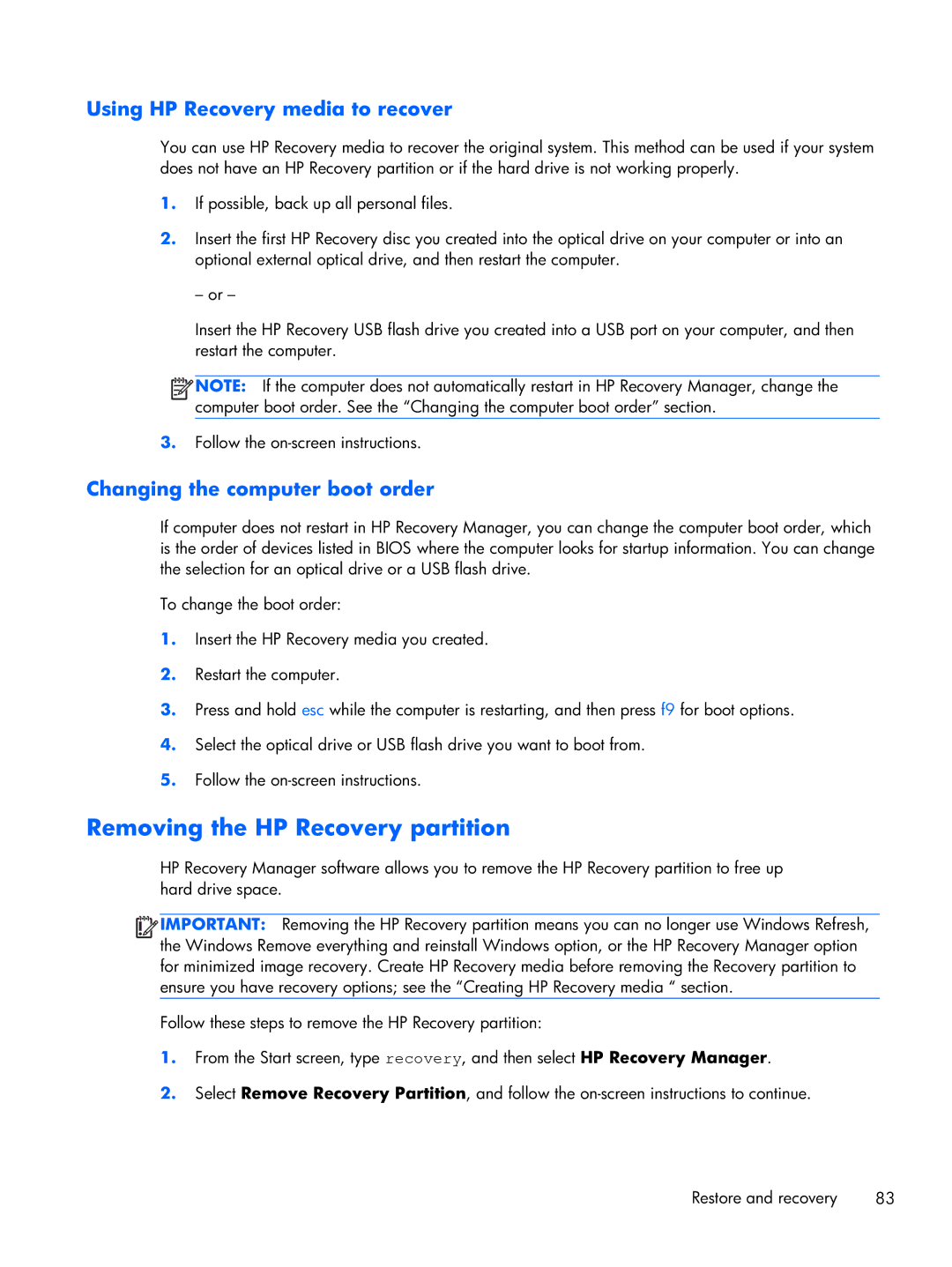 HP 14-3210nr manual Removing the HP Recovery partition, Using HP Recovery media to recover 