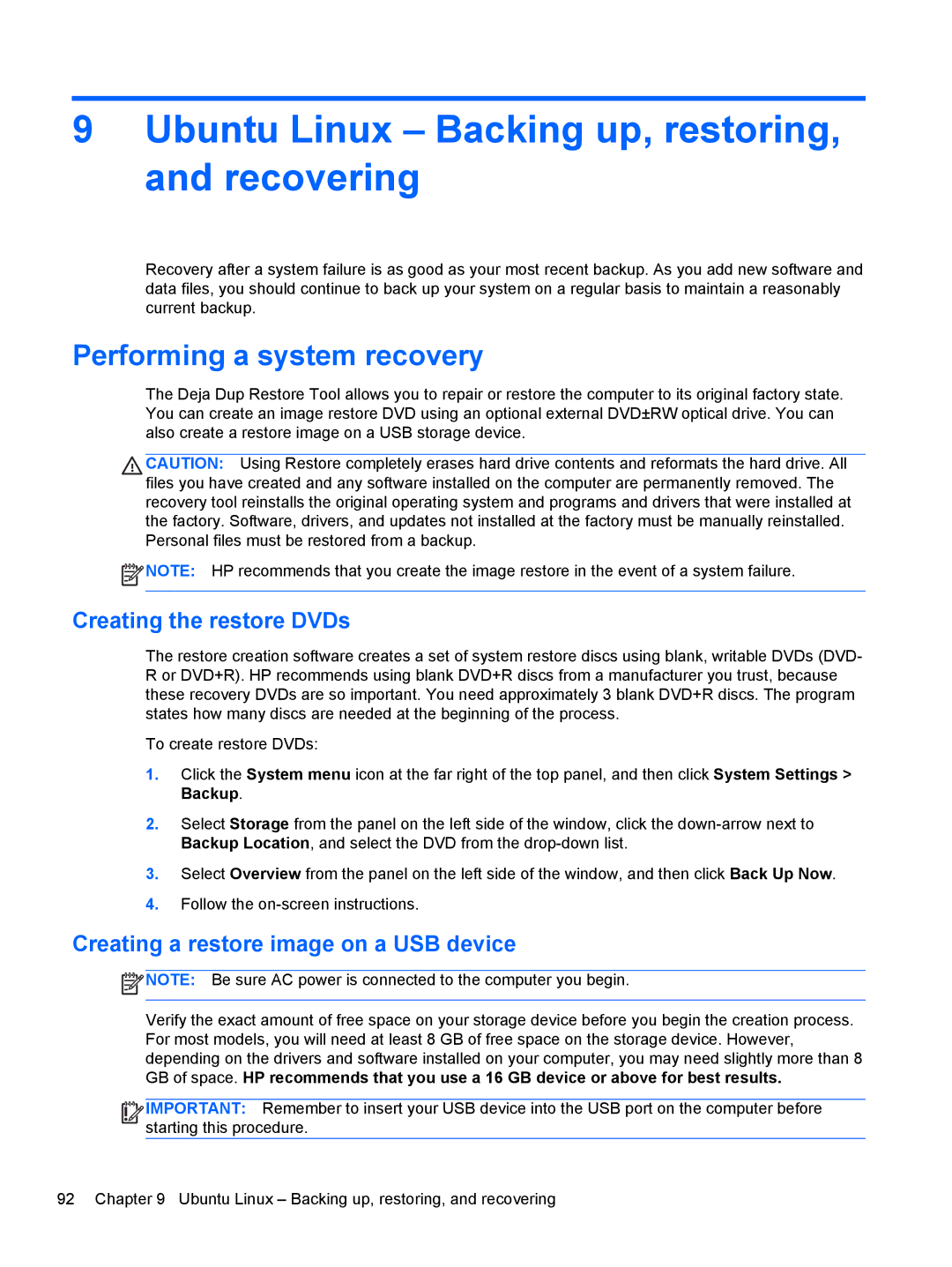 HP 14-B013nr C2k07ua 14 C2K07UAABA manual Ubuntu Linux Backing up, restoring, and recovering, Performing a system recovery 