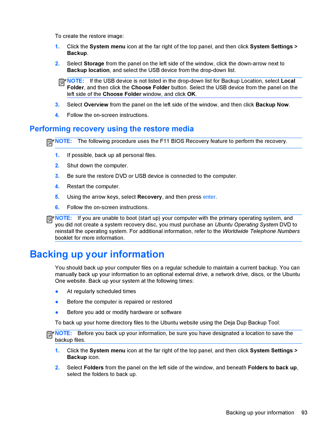 HP 14-B013nr C2k07ua 14 C2K07UAABA manual Backing up your information, Performing recovery using the restore media 