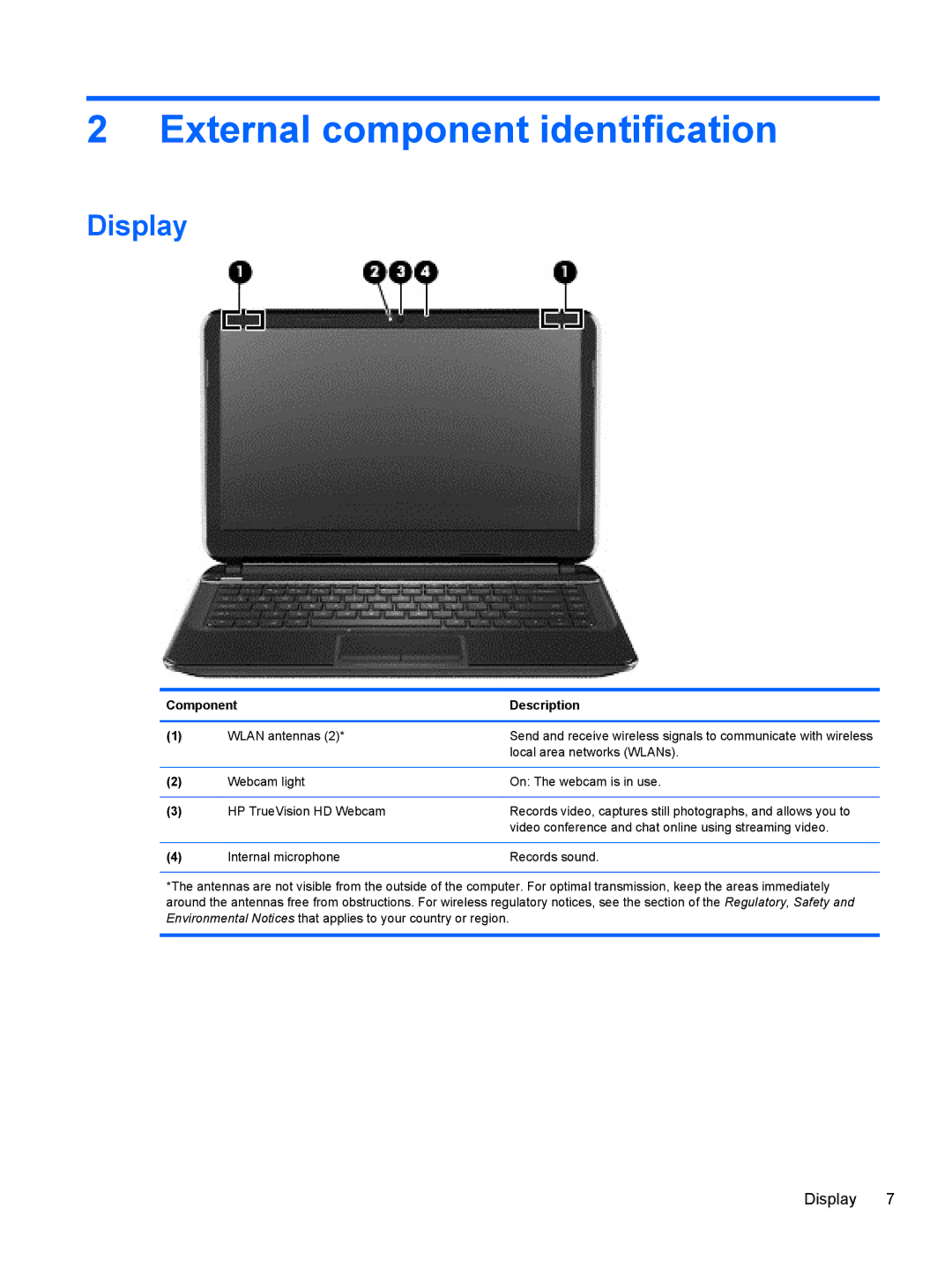 HP 14-B013nr C2k07ua 14 C2K07UAABA manual External component identification, Display, Component Description 