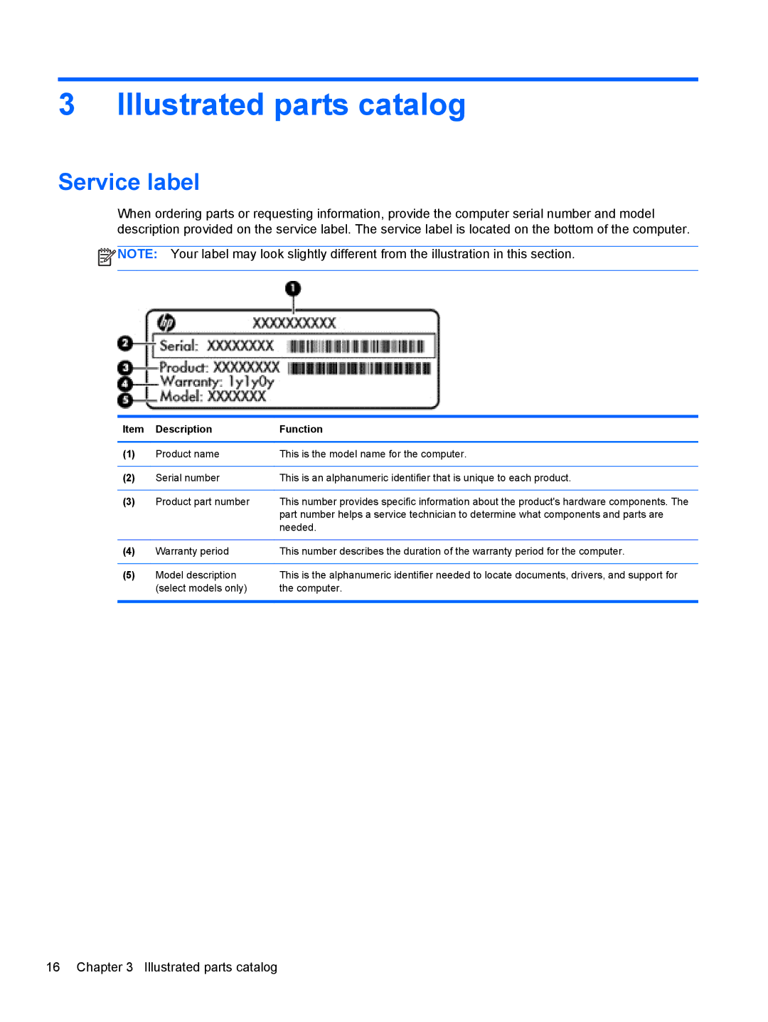 HP 14-B013nr C2k07ua 14 C2K07UAABA manual Illustrated parts catalog, Service label, Description Function 