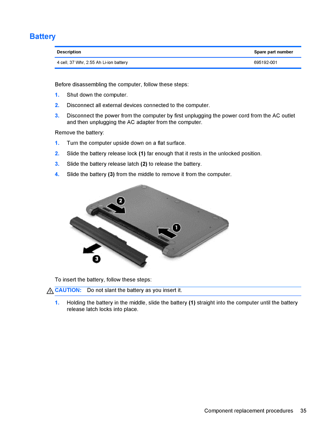 HP 14-B013nr C2k07ua 14 C2K07UAABA manual Battery, Description Spare part number 