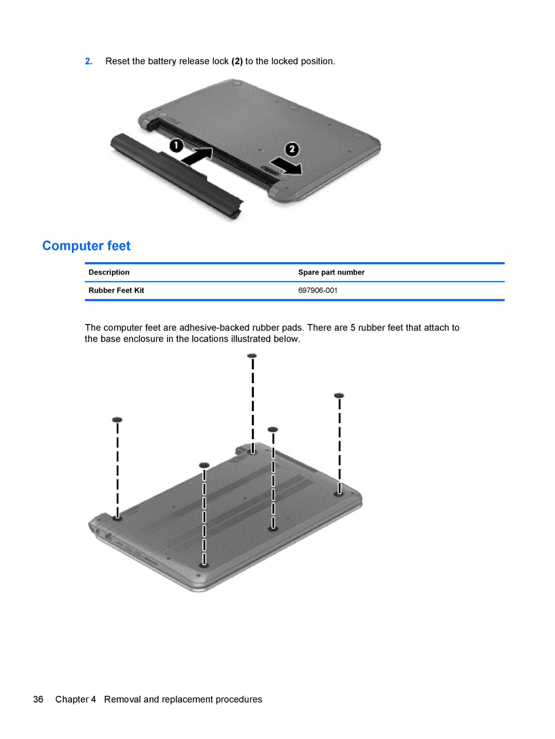 HP 14-B013nr C2k07ua 14 C2K07UAABA manual Computer feet, Description Spare part number Rubber Feet Kit 697906-001 