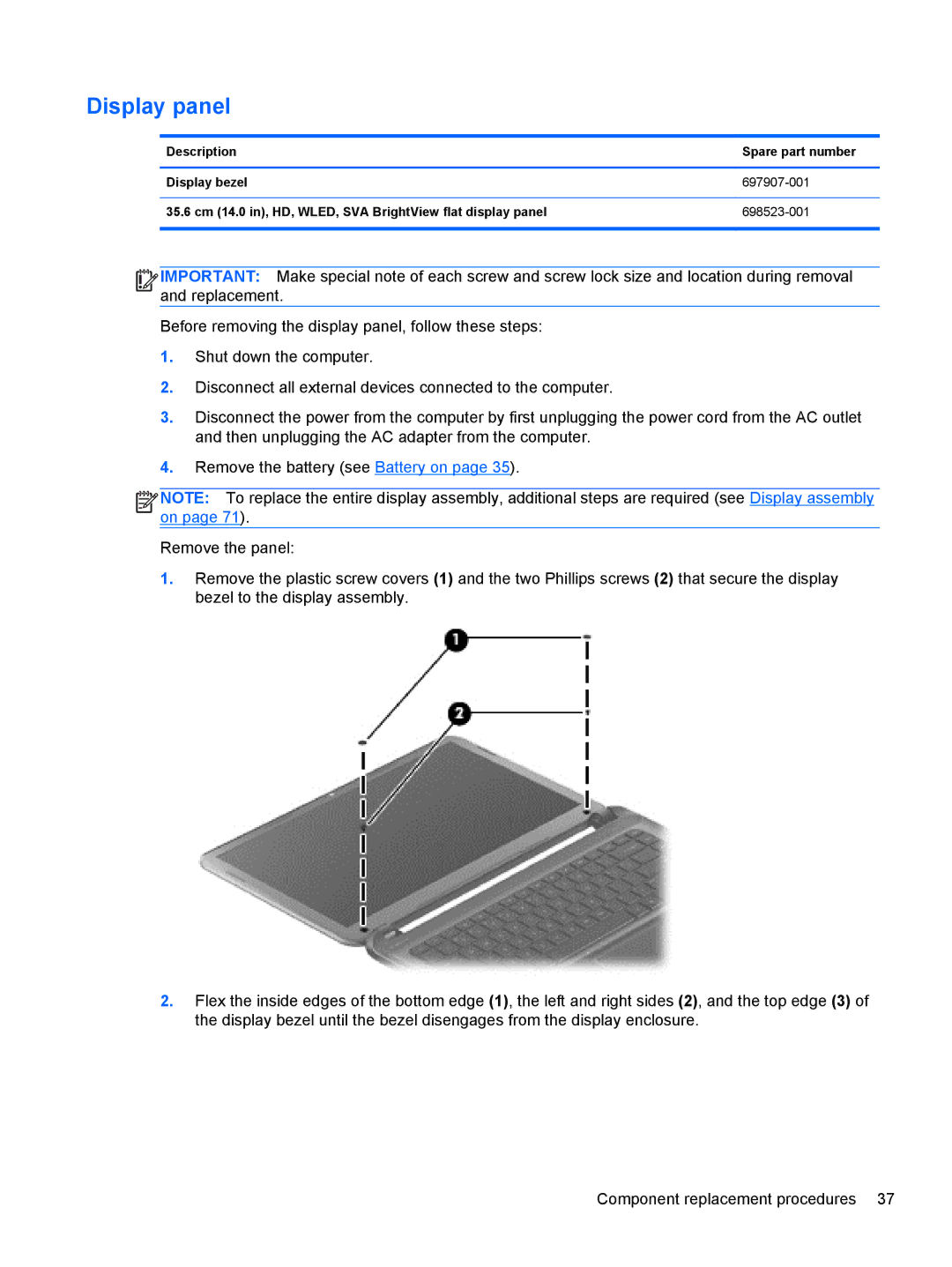 HP 14-B013nr C2k07ua 14 C2K07UAABA manual Display panel 