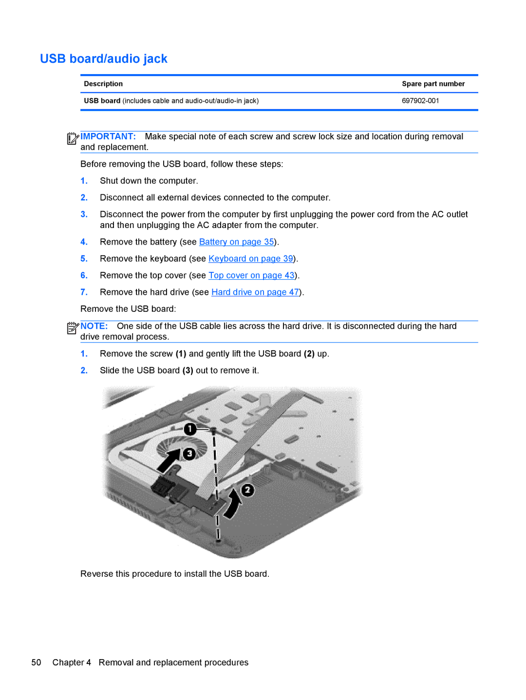 HP 14-B013nr C2k07ua 14 C2K07UAABA manual USB board/audio jack, Description Spare part number 