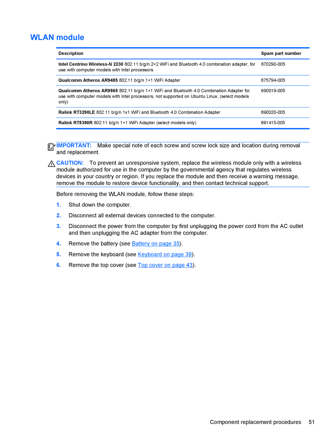 HP 14-B013nr C2k07ua 14 C2K07UAABA manual Wlan module 