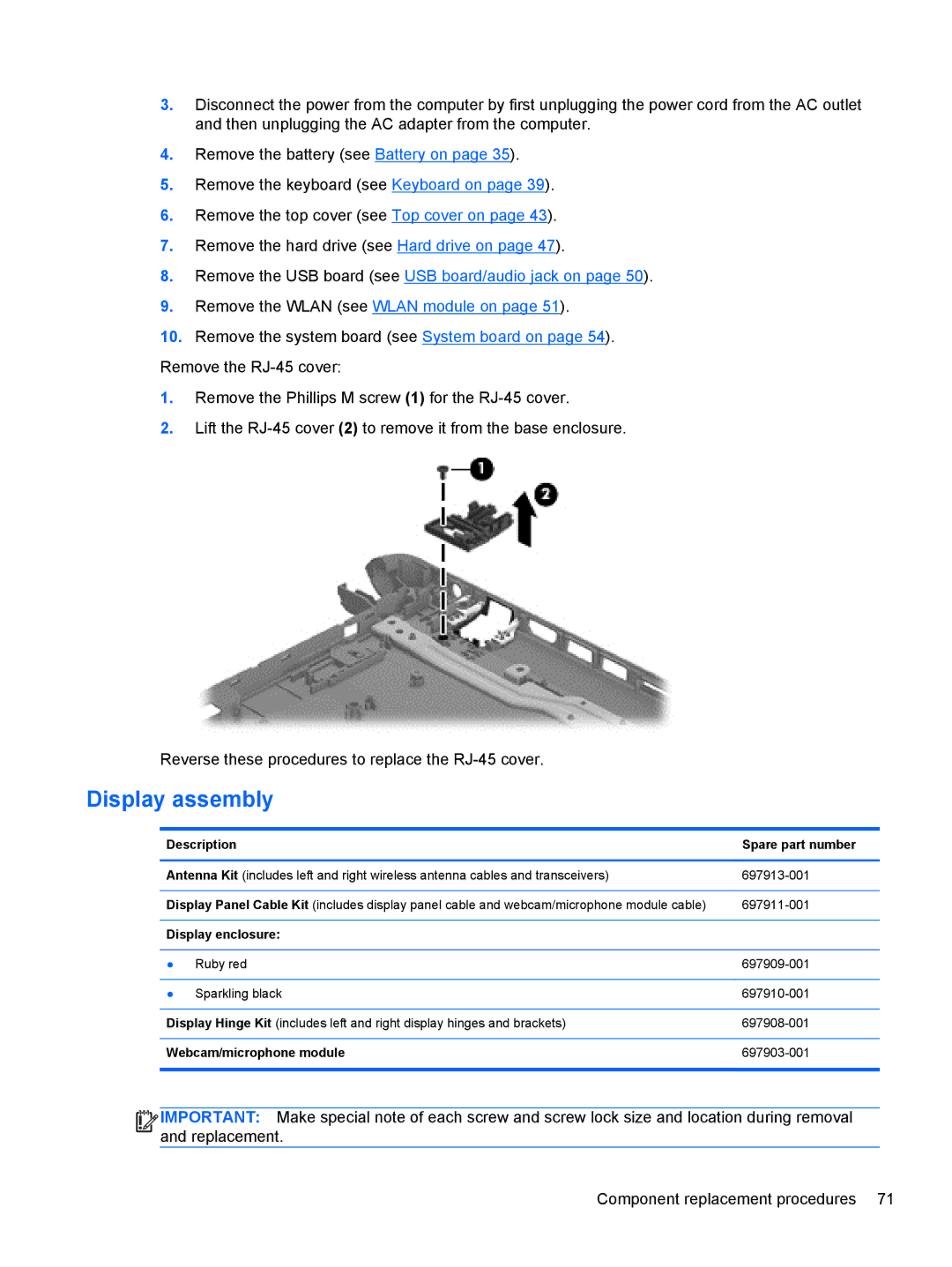 HP 14-B013nr C2k07ua 14 C2K07UAABA manual Display assembly, Description Spare part number 