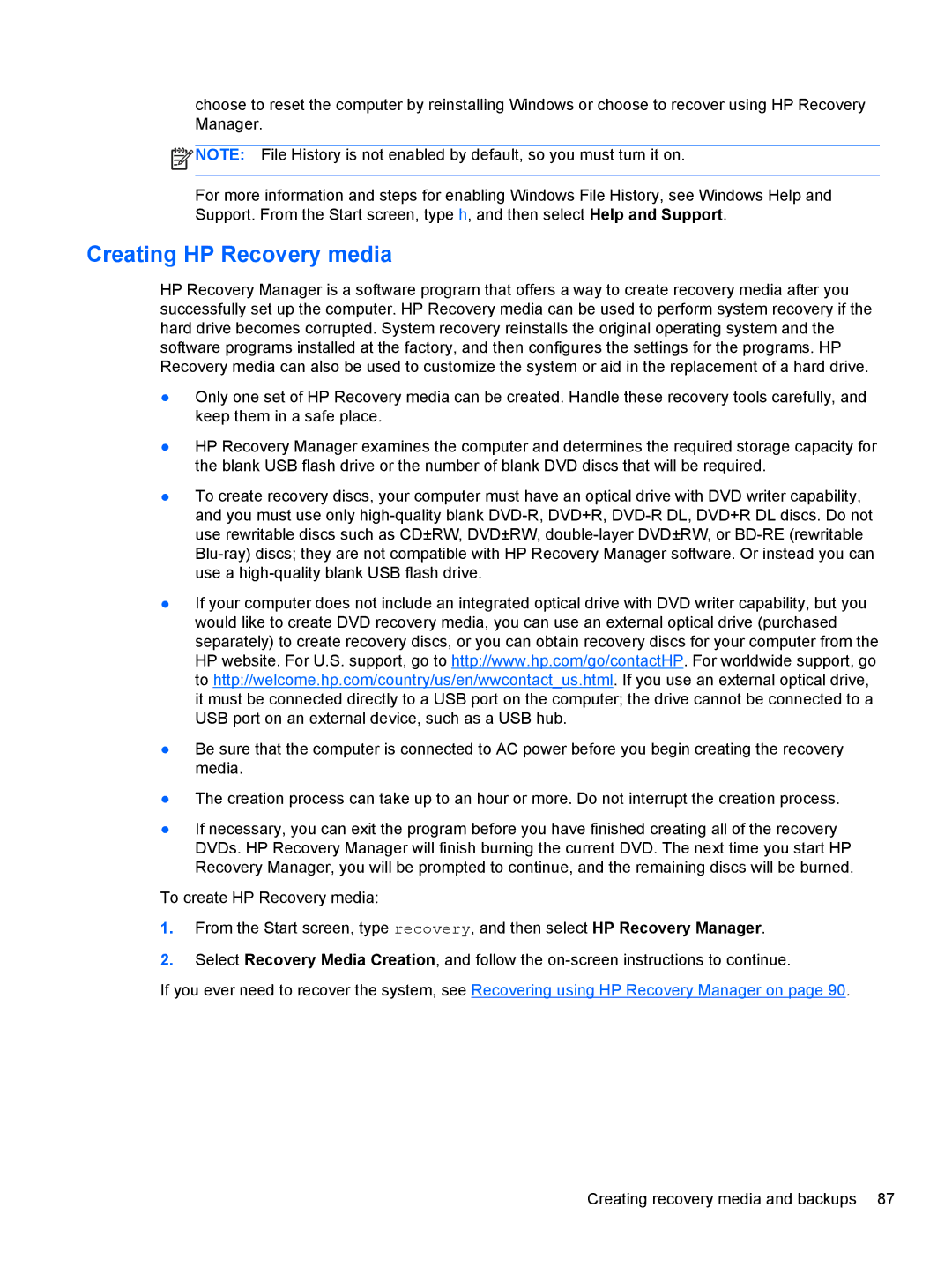 HP 14-B013nr C2k07ua 14 C2K07UAABA manual Creating HP Recovery media 