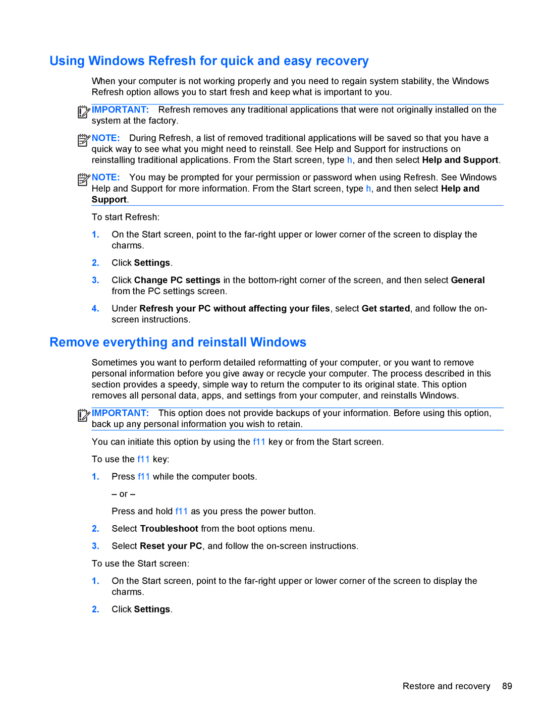 HP 14-B013nr C2k07ua 14 C2K07UAABA manual Using Windows Refresh for quick and easy recovery 