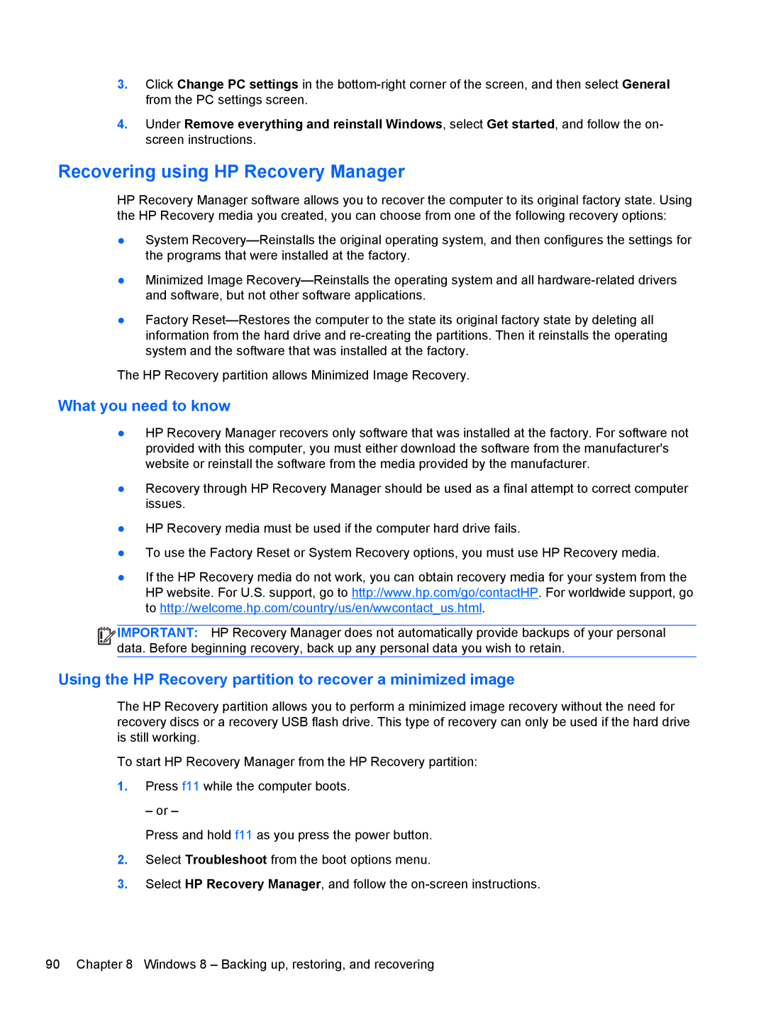 HP 14-B013nr C2k07ua 14 C2K07UAABA manual Recovering using HP Recovery Manager, What you need to know 