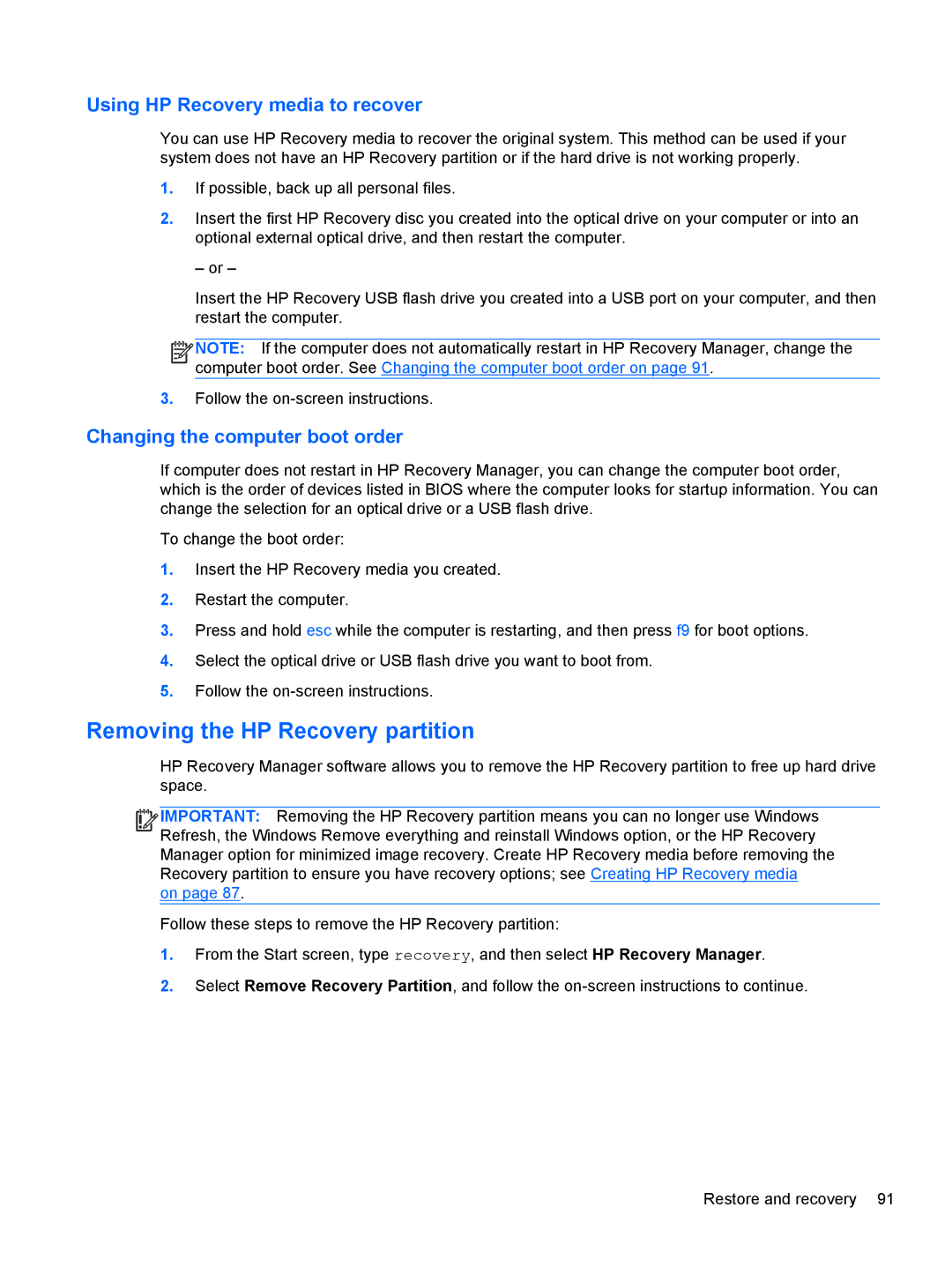 HP 14-B013nr C2k07ua 14 C2K07UAABA manual Removing the HP Recovery partition, Using HP Recovery media to recover 