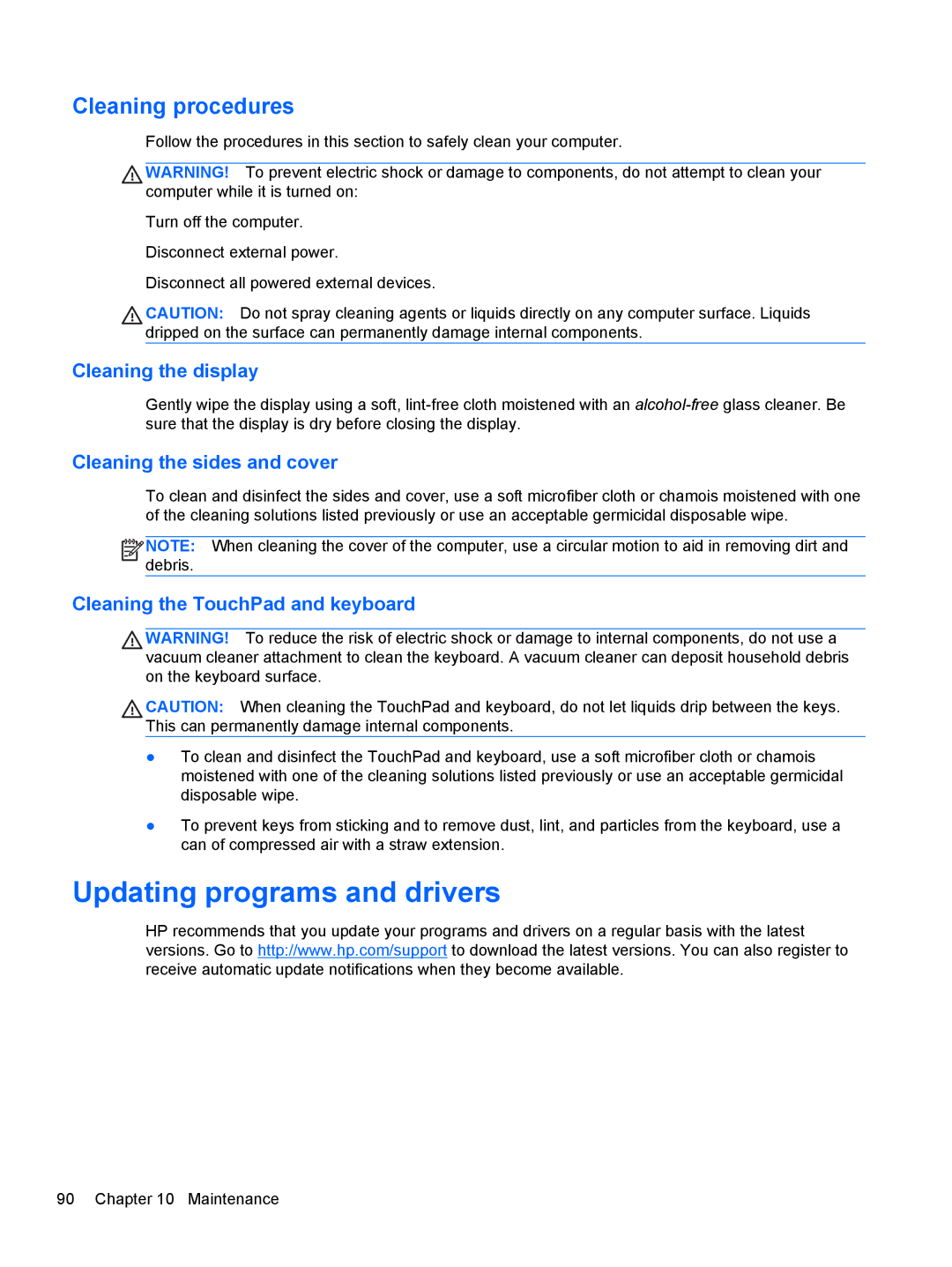 HP 14' B8V06UT#ABA Updating programs and drivers, Cleaning procedures, Cleaning the display, Cleaning the sides and cover 