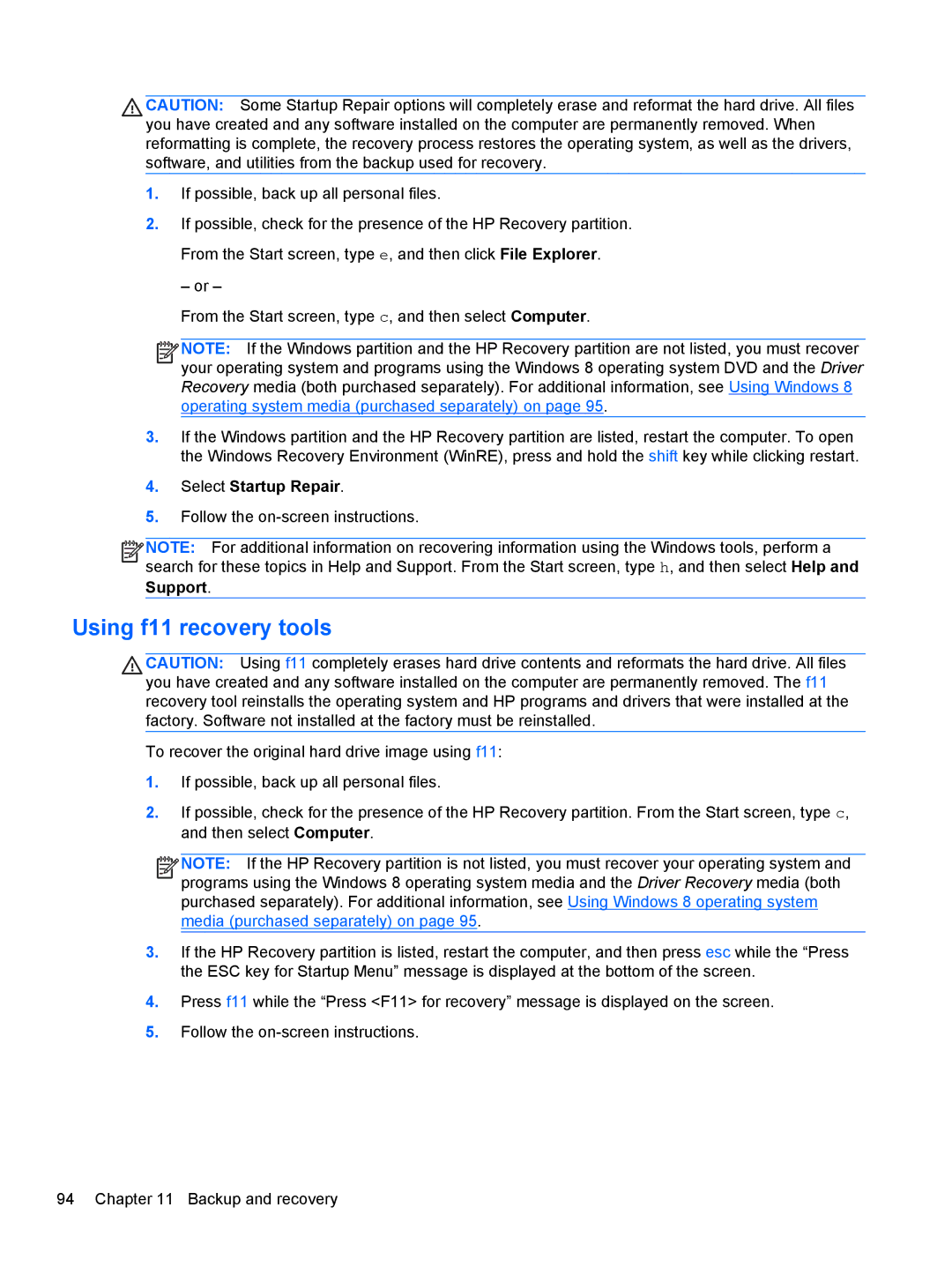 HP 14' B8V06UT#ABA manual Using f11 recovery tools 