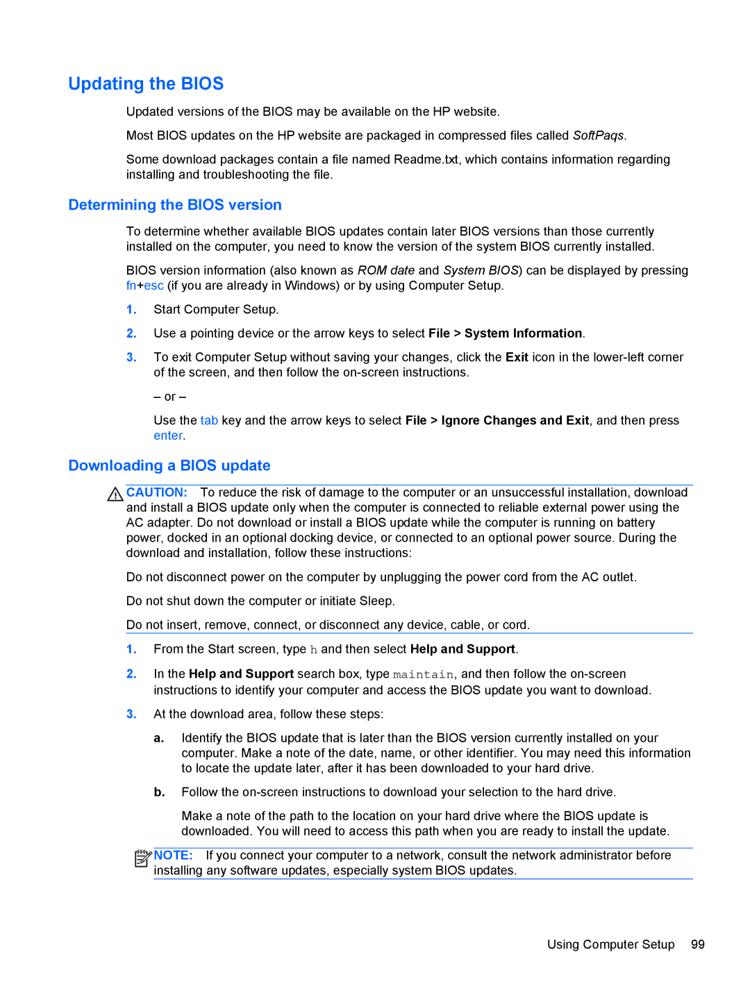 HP 14' B8V06UT#ABA manual Updating the Bios, Determining the Bios version, Downloading a Bios update 