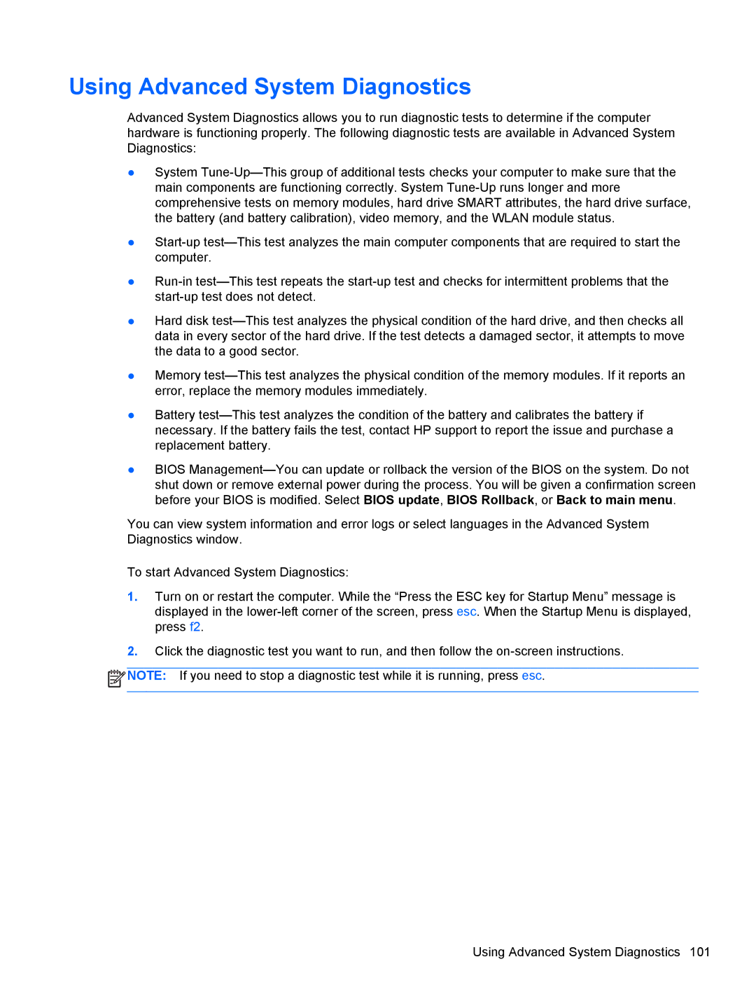 HP 14' B8V06UT#ABA manual Using Advanced System Diagnostics 