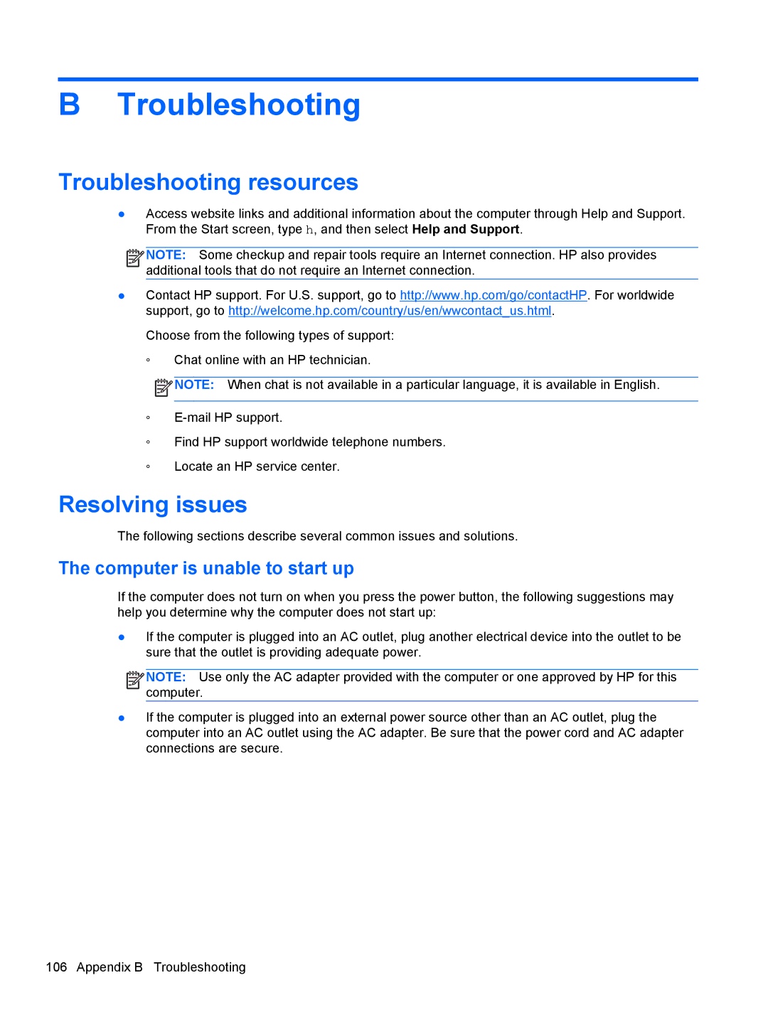 HP 14' B8V06UT#ABA manual Troubleshooting resources, Resolving issues, Computer is unable to start up 