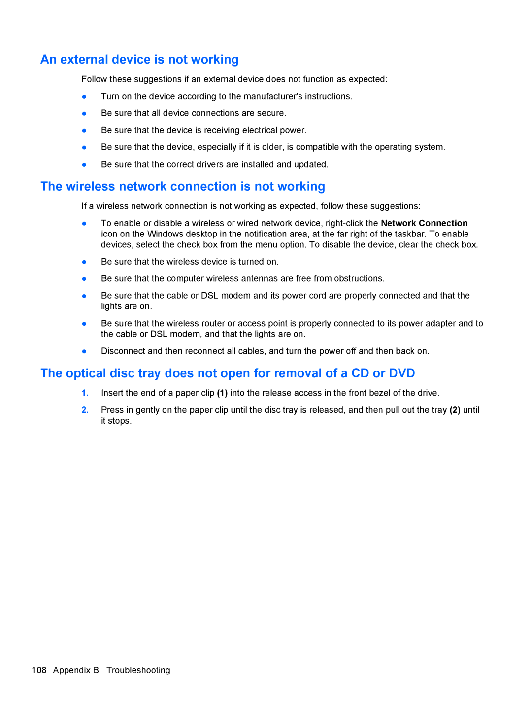 HP 14' B8V06UT#ABA manual An external device is not working, Wireless network connection is not working 