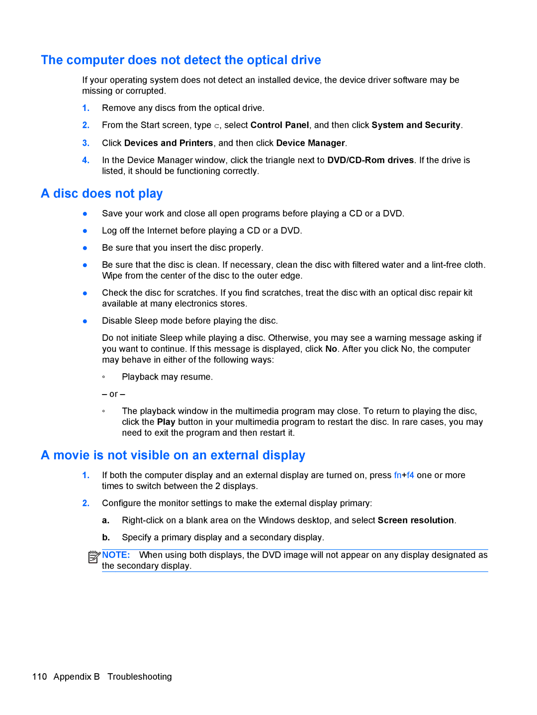 HP 14' B8V06UT#ABA manual Computer does not detect the optical drive, Disc does not play 