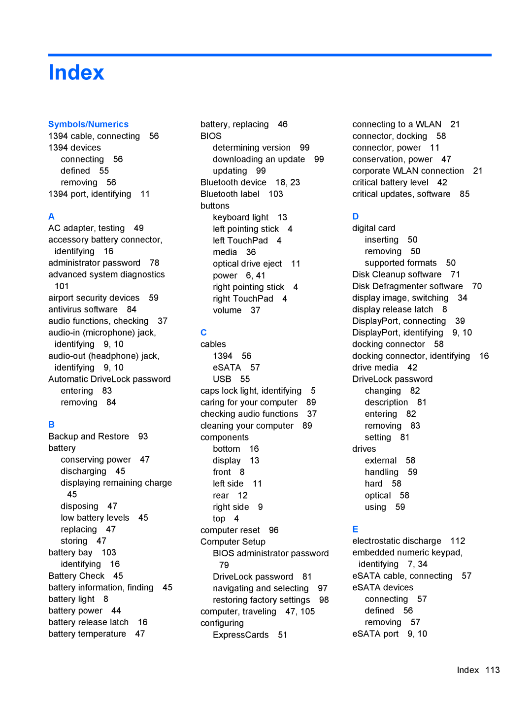 HP 14' B8V06UT#ABA manual Index, Symbols/Numerics 