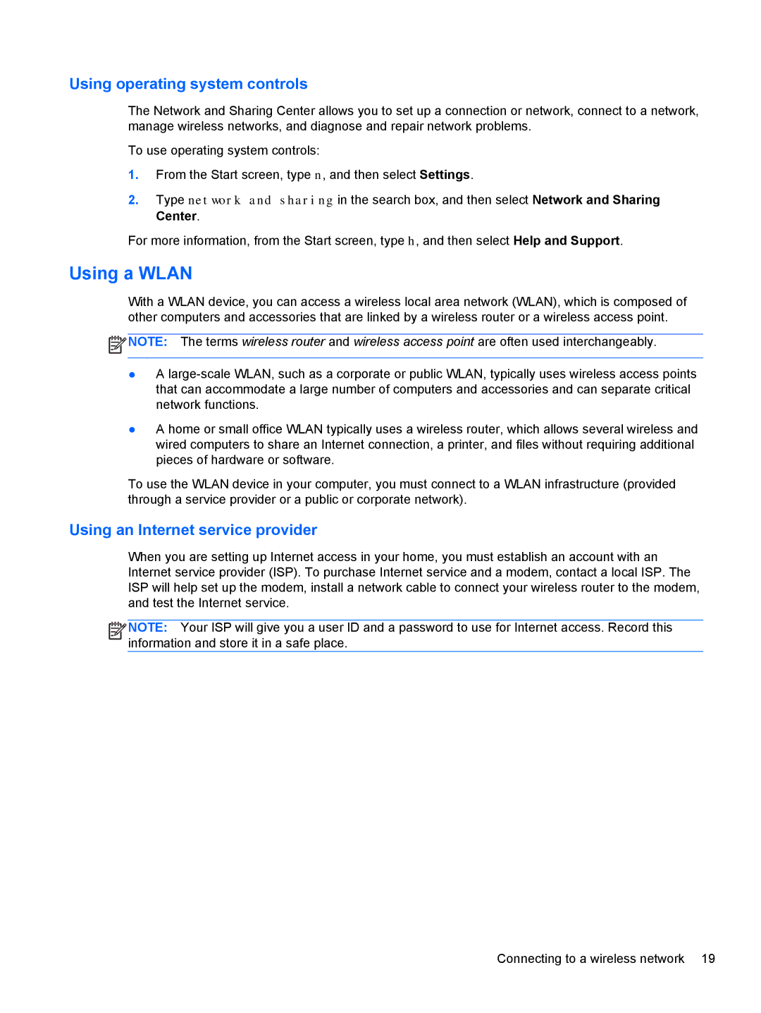 HP 14' B8V06UT#ABA manual Using a Wlan, Using operating system controls, Using an Internet service provider 