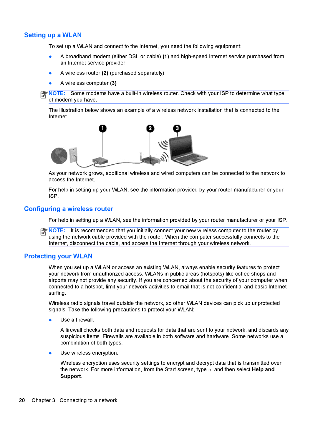 HP 14' B8V06UT#ABA manual Setting up a Wlan, Configuring a wireless router, Protecting your Wlan 