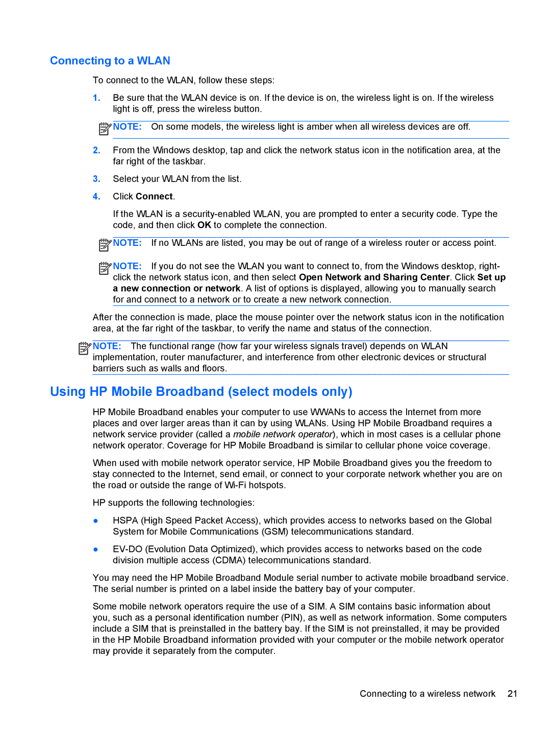 HP 14' B8V06UT#ABA manual Using HP Mobile Broadband select models only, Connecting to a Wlan 