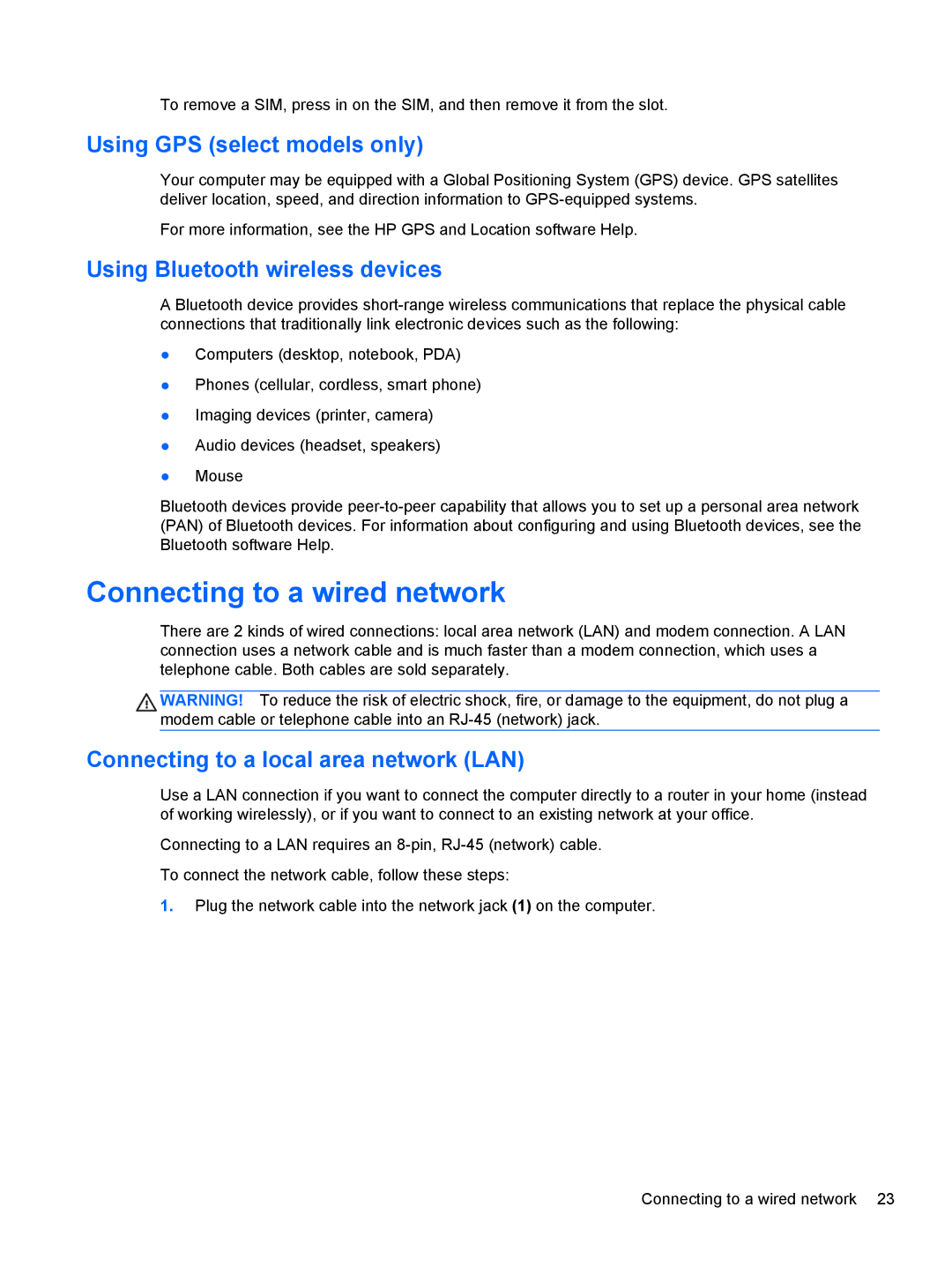 HP 14' B8V06UT#ABA manual Connecting to a wired network, Using GPS select models only, Using Bluetooth wireless devices 