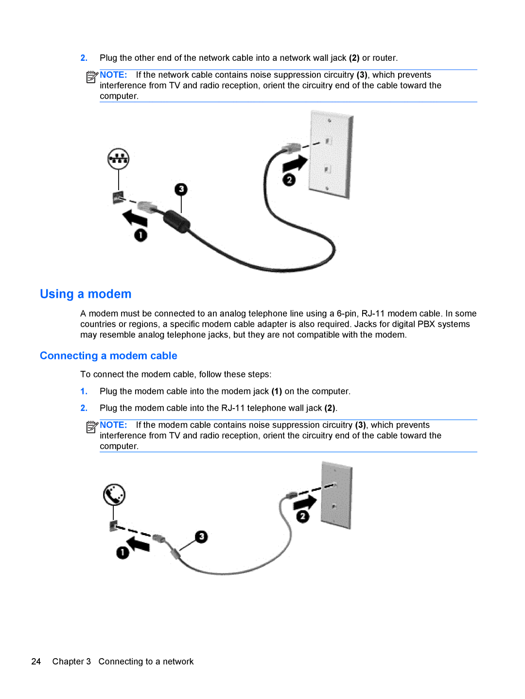 HP 14' B8V06UT#ABA manual Using a modem, Connecting a modem cable 