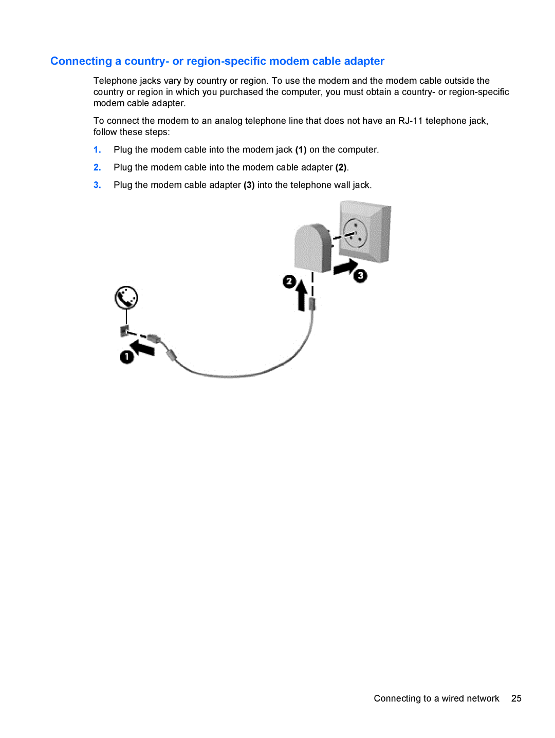 HP 14' B8V06UT#ABA manual Connecting a country- or region-specific modem cable adapter 