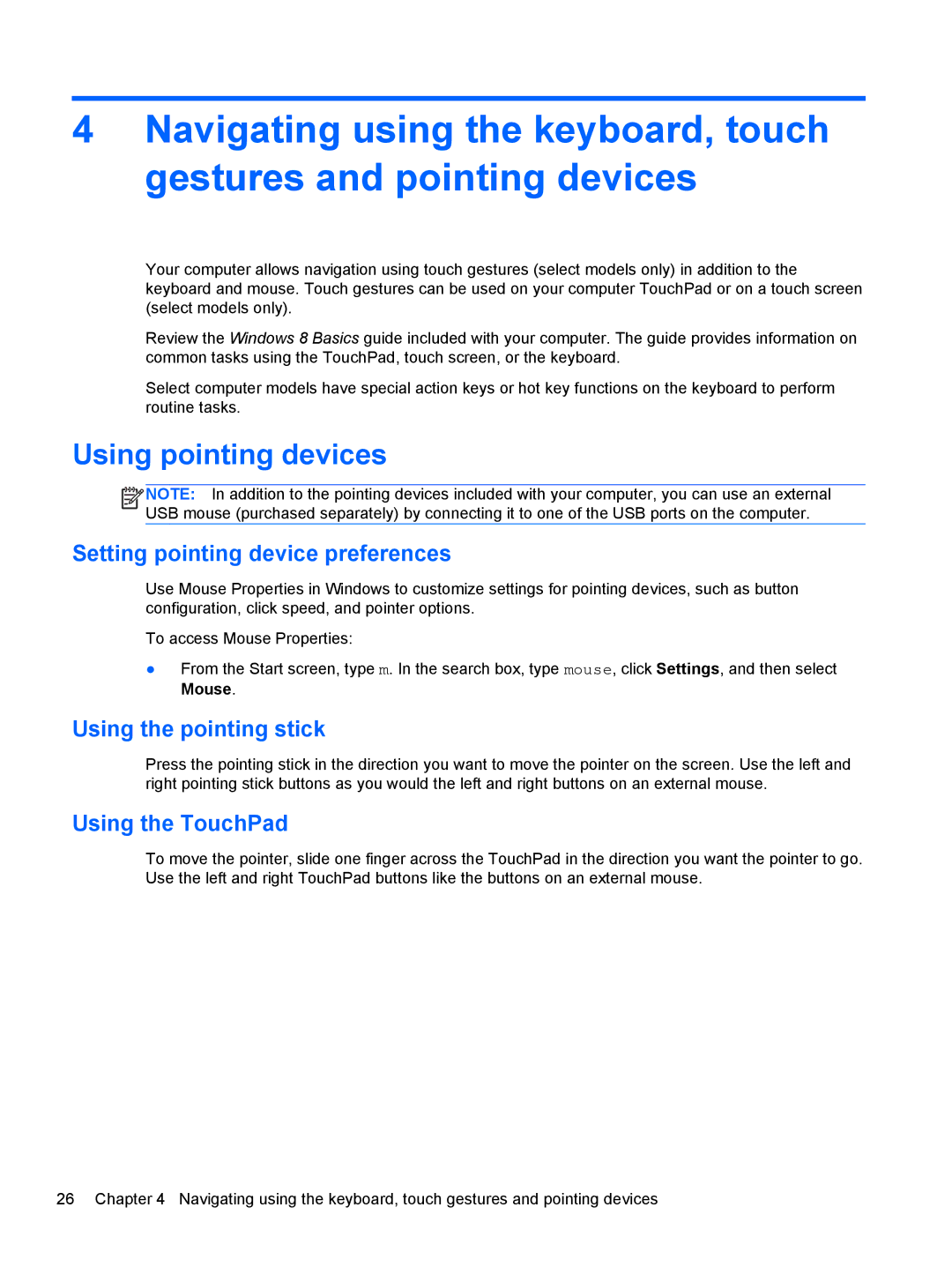 HP 14' B8V06UT#ABA manual Using pointing devices, Setting pointing device preferences, Using the pointing stick 