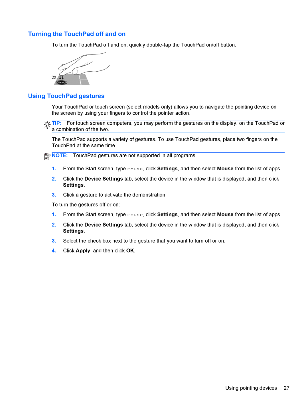 HP 14' B8V06UT#ABA manual Turning the TouchPad off and on, Using TouchPad gestures 