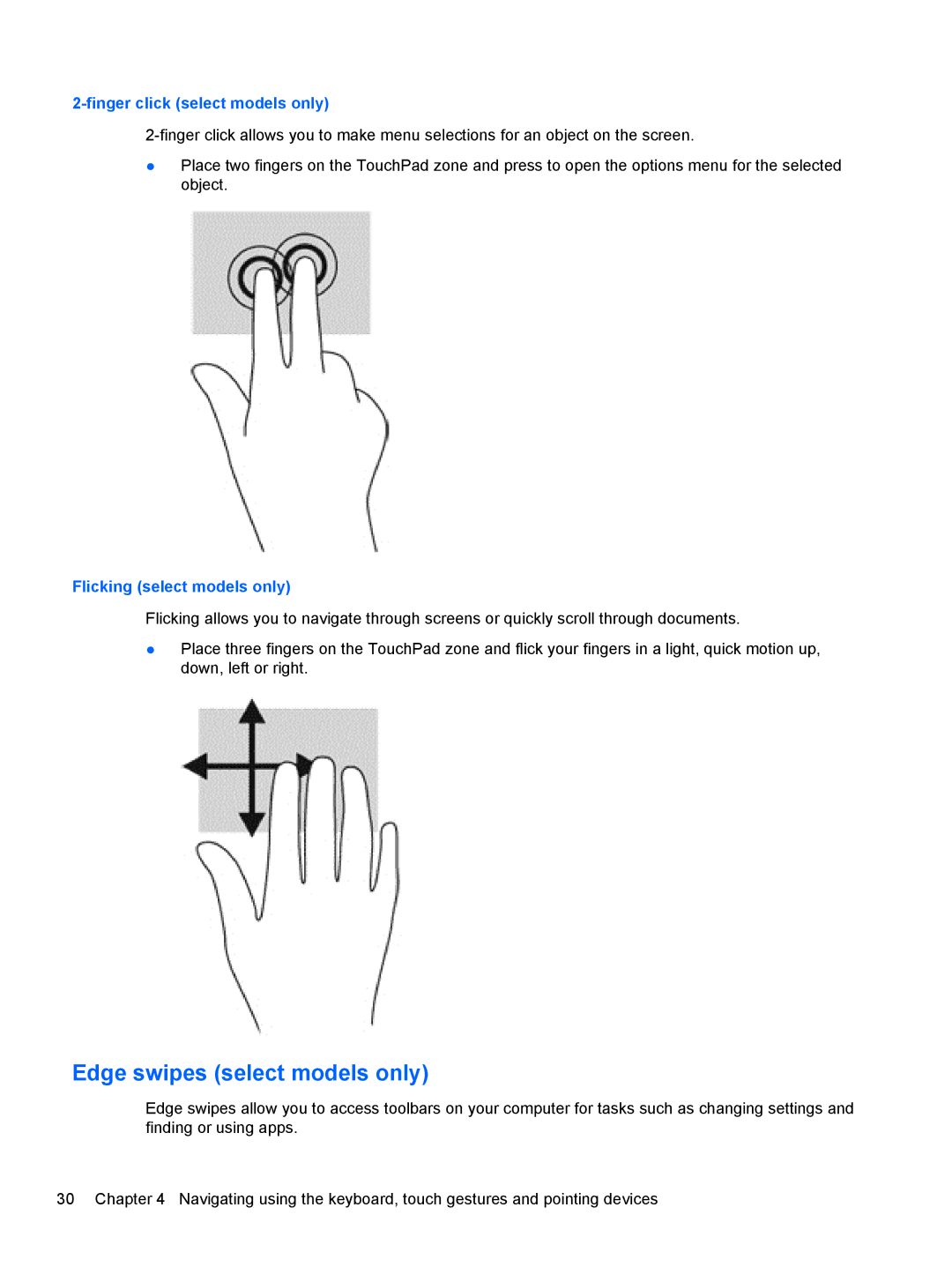 HP 14' B8V06UT#ABA manual Edge swipes select models only, Finger click select models only 