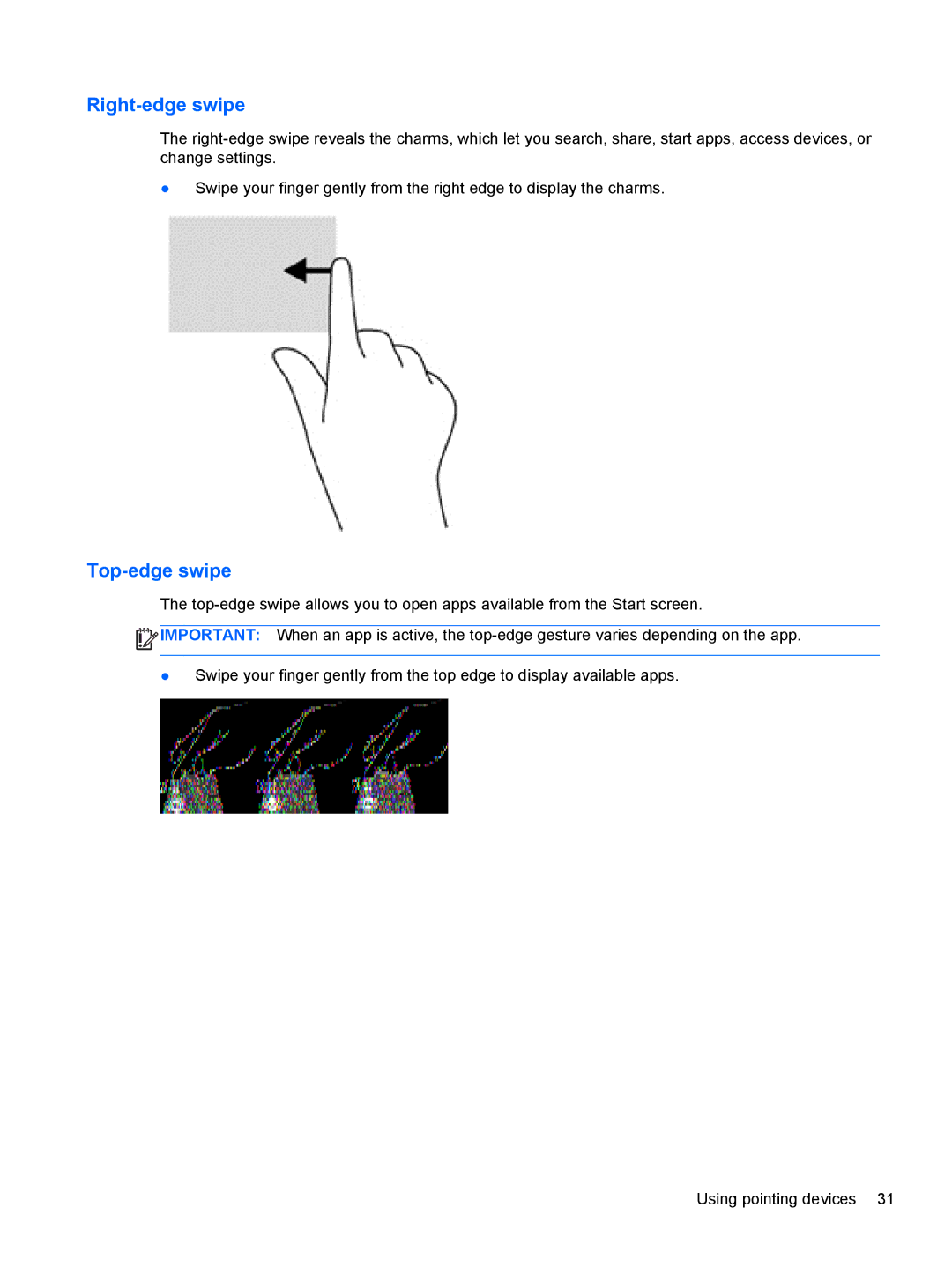 HP 14' B8V06UT#ABA manual Right-edge swipe, Top-edge swipe 