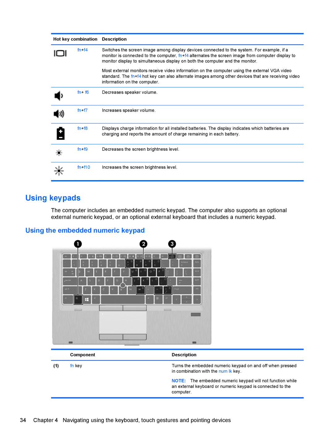 HP 14' B8V06UT#ABA manual Using keypads, Using the embedded numeric keypad 