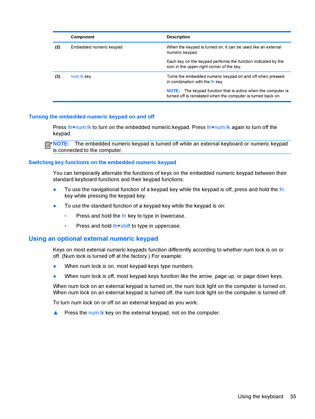 HP 14' B8V06UT#ABA manual Using an optional external numeric keypad, Turning the embedded numeric keypad on and off 