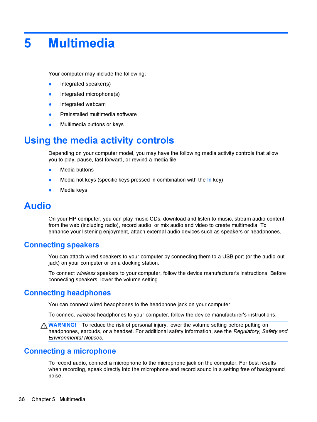 HP 14' B8V06UT#ABA manual Multimedia, Using the media activity controls, Audio 